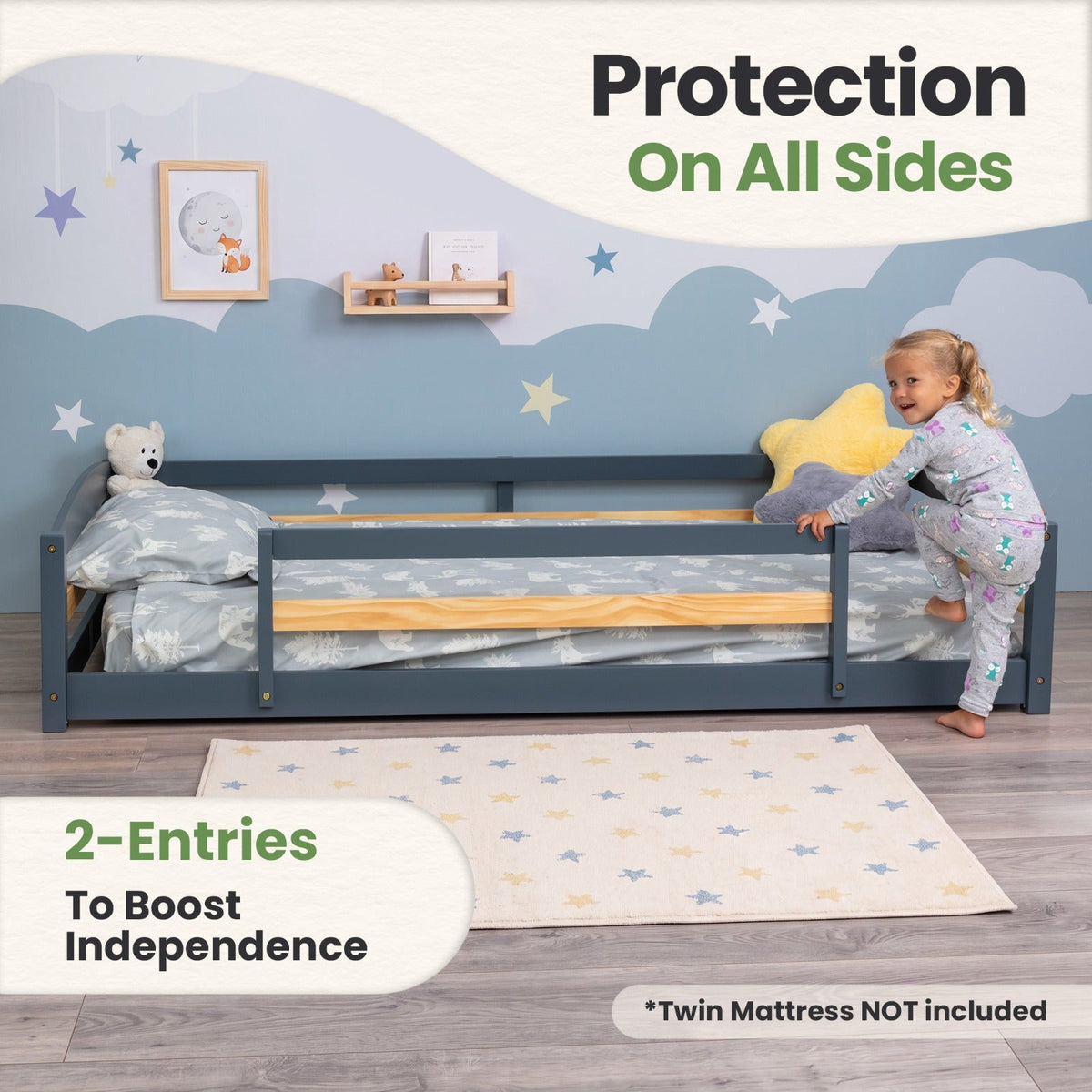 Twin Floor Bed With Safety Guardrails For Kids - Montessori Inspired