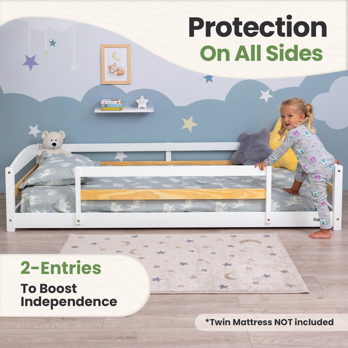 Twin Floor Bed With Safety Guardrails For Kids - Montessori Inspired