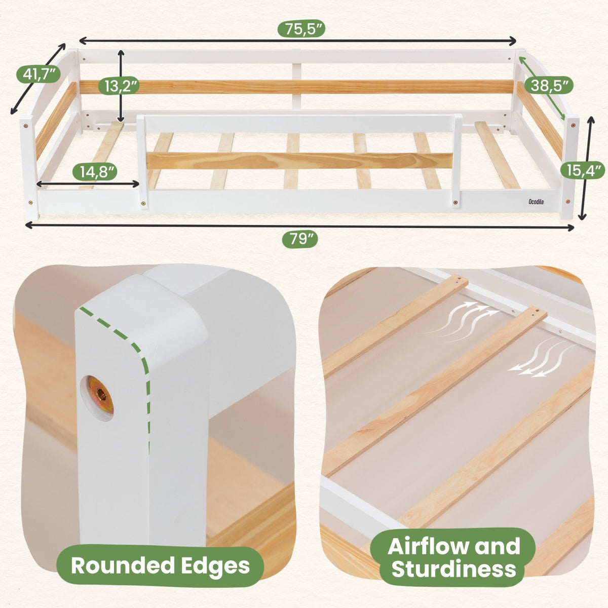 Twin Floor Bed With Safety Guardrails For Kids - Montessori Inspired