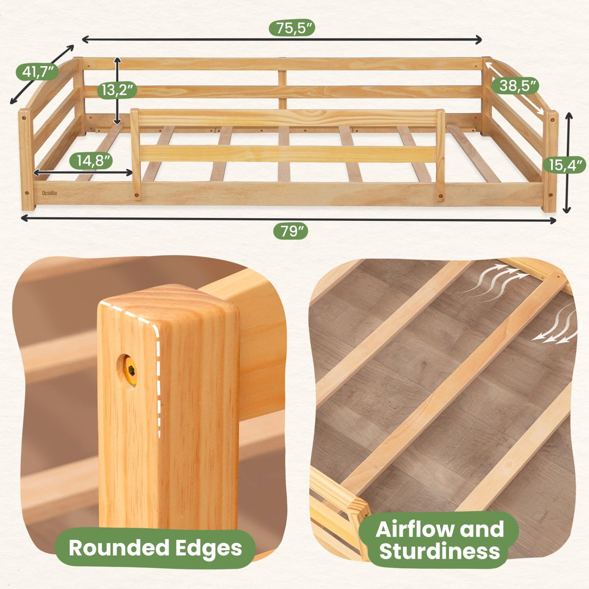Twin Floor Bed With Safety Guardrails For Kids - Montessori Inspired