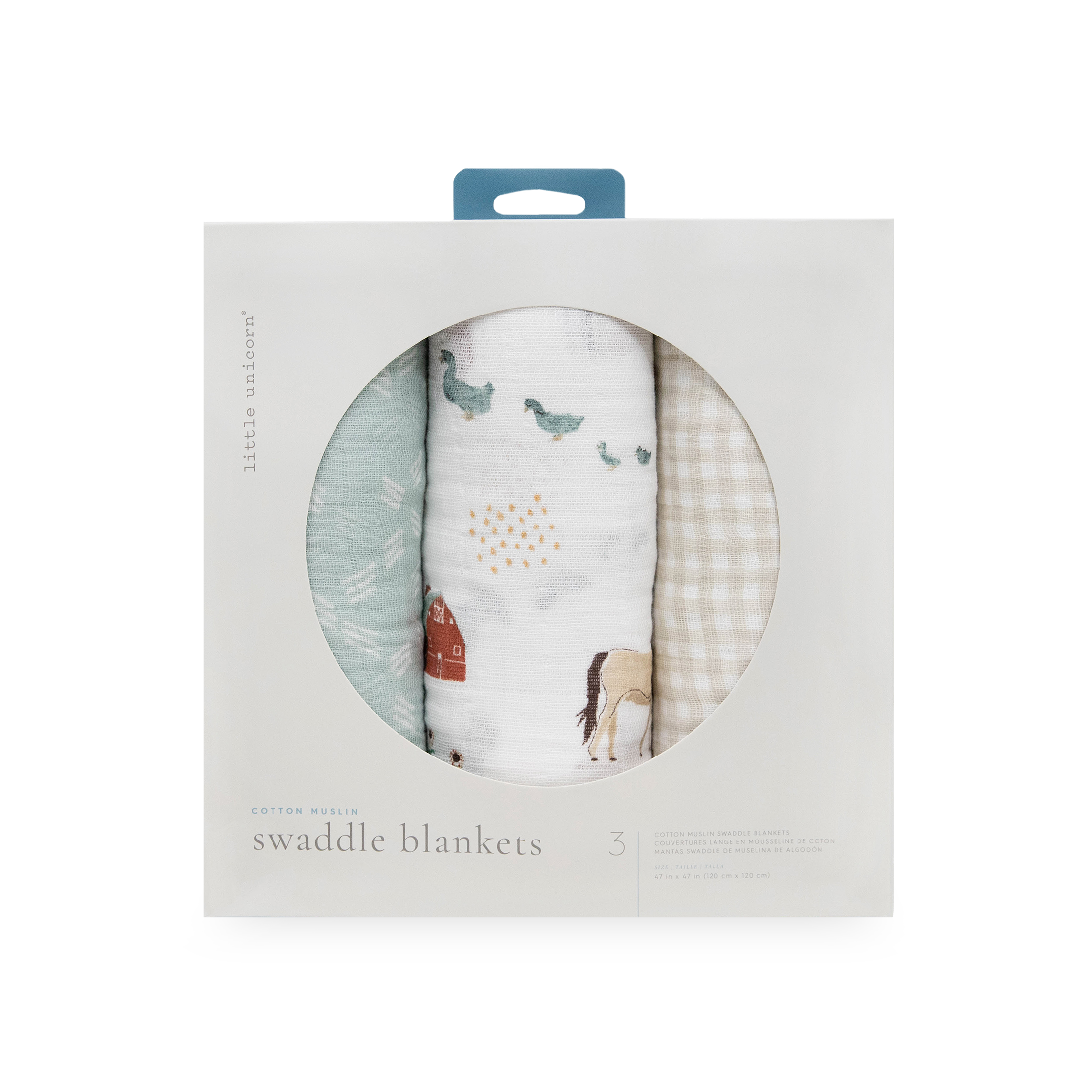 Cotton Muslin Swaddle Blanket 3 Pack - Farmyard