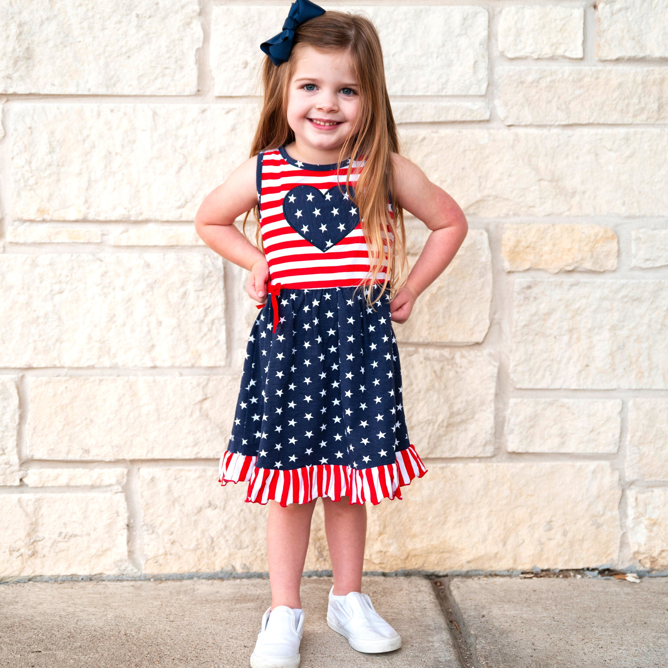Annloren Girls 4th Of July Stars & Striped Heart Dress Red White & Blue