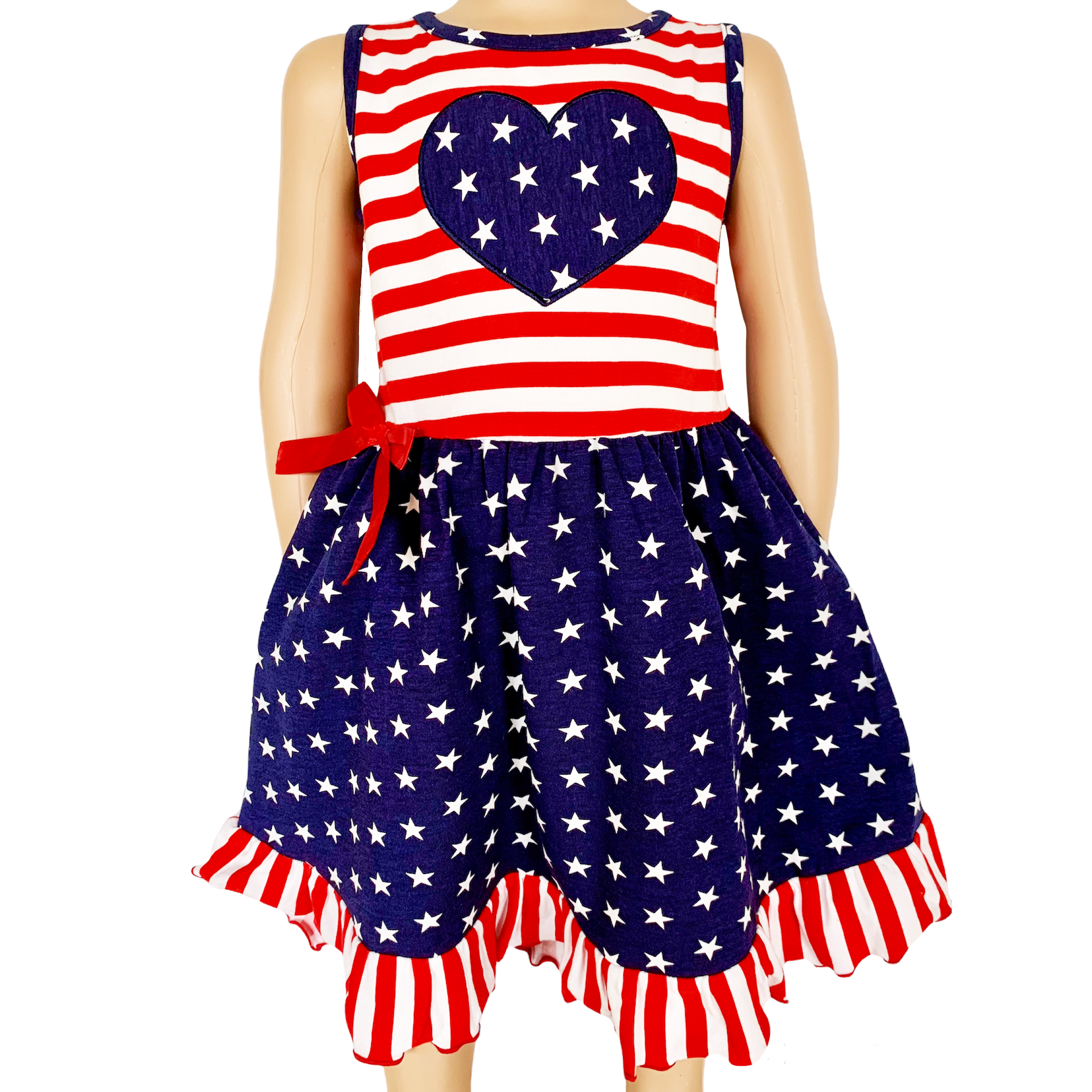 Annloren Girls 4th Of July Stars & Striped Heart Dress Red White & Blue