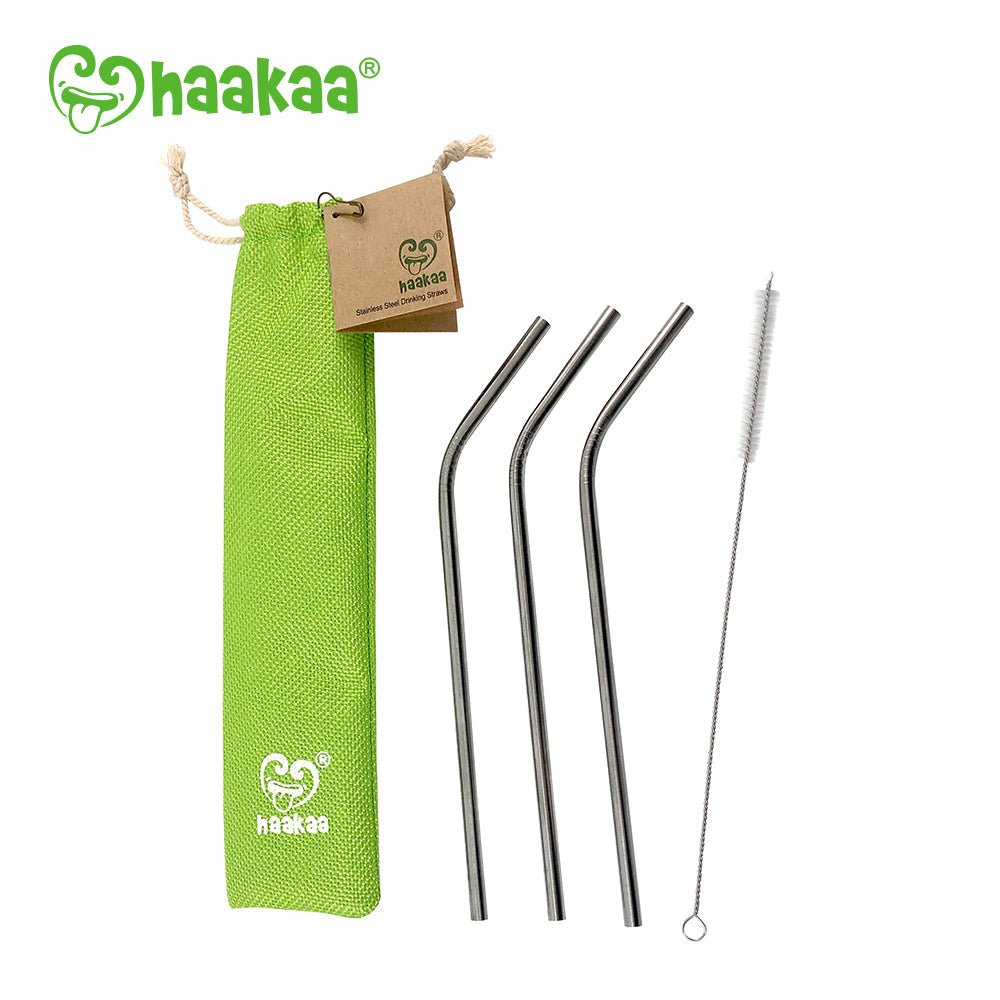 Haakaa Curved Stainless Steel Straws With Cleaning Brush, 3 Pk