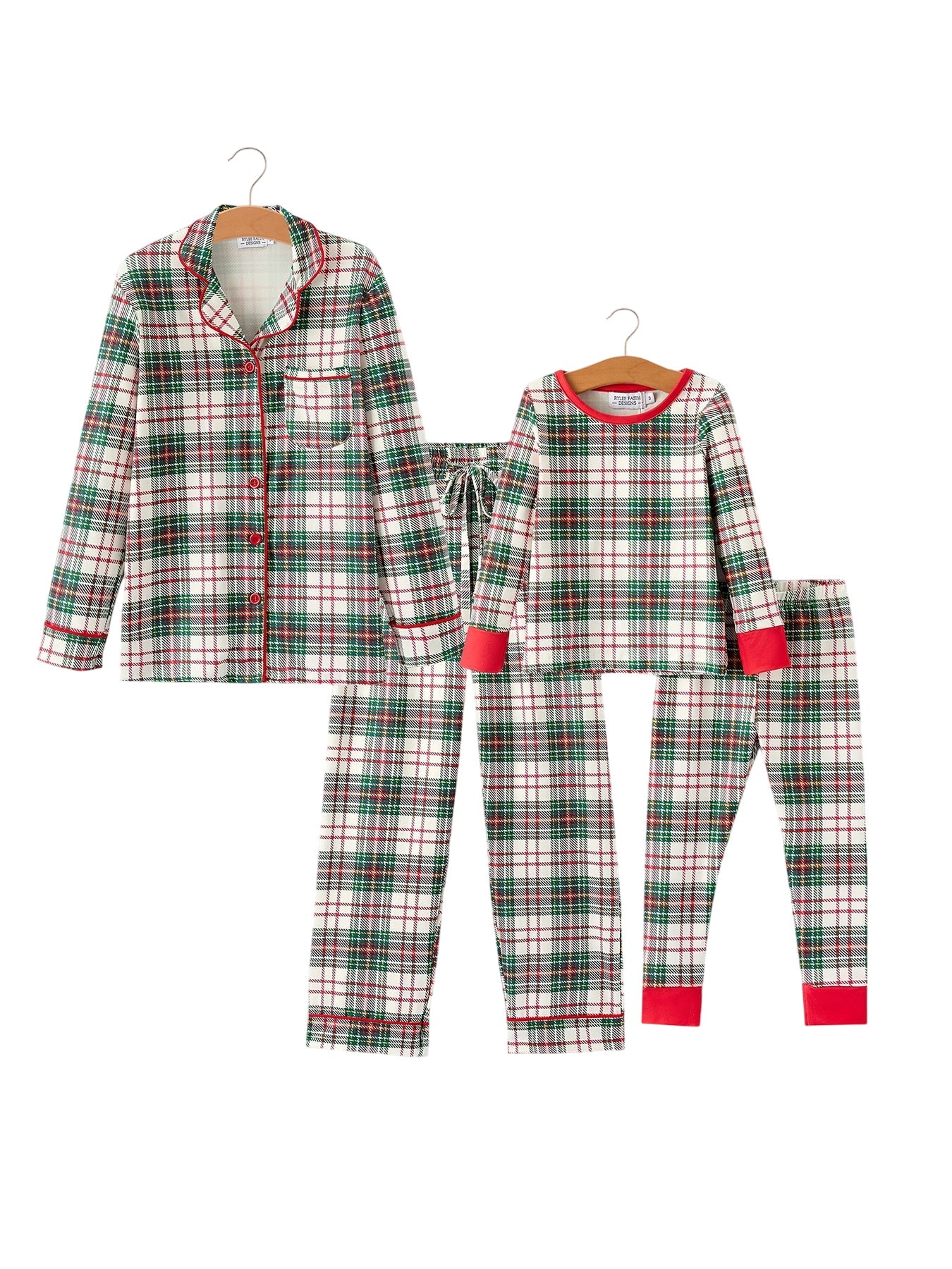 Mommy & Me Christmas Plaid Girls Pajamas Set With Long Sleeves And Red Cuffs