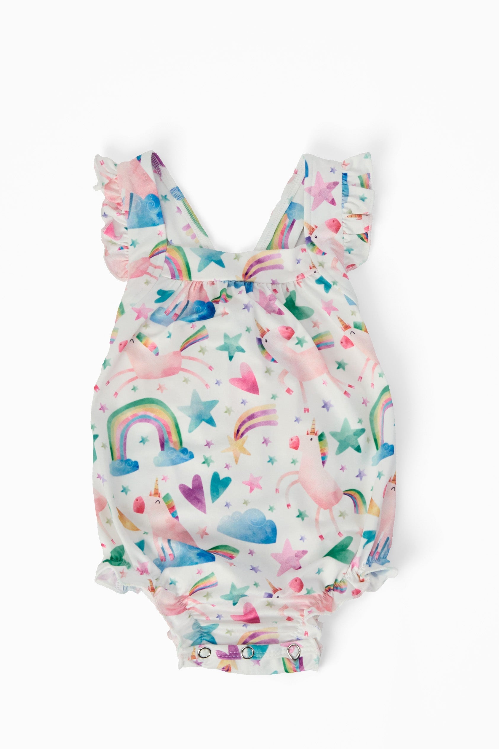 Unicorn Kisses Ruffle Cross Back Romper