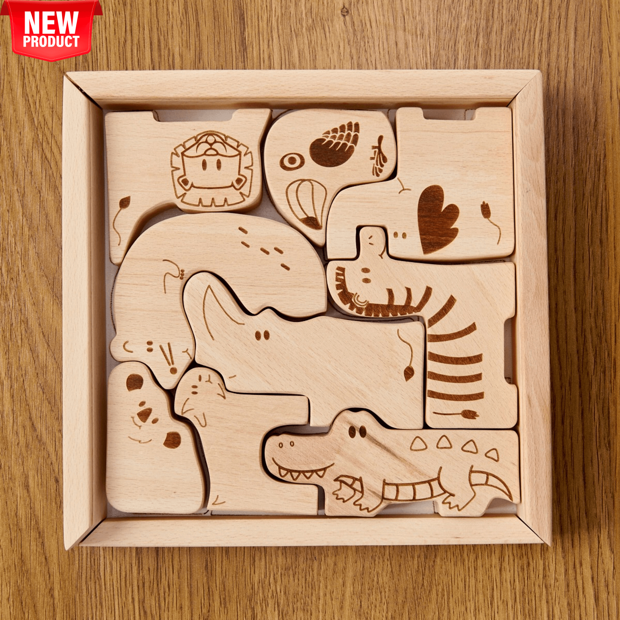 Wooden Safari Animal Puzzle Box For Toddlers