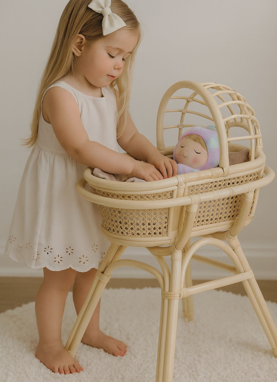 Doll Bassinet With Stand – Handwoven Toy Cradle For Pretend Play