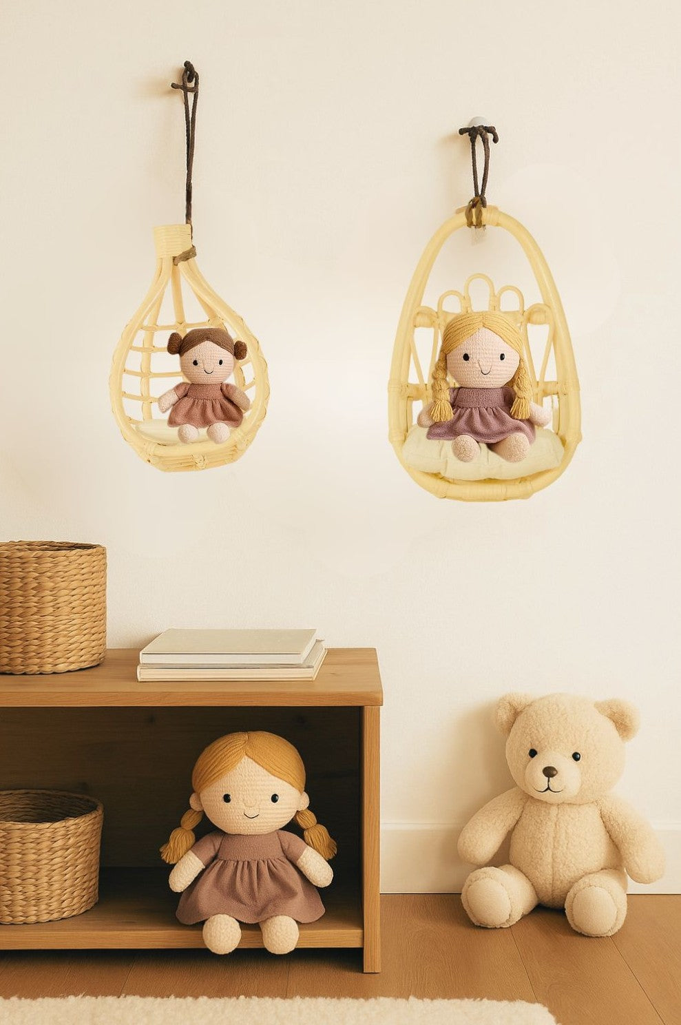 Rattan Doll Wall Hanger Chair – Boho Kids Room Decor & Gift For Girls | Handmade Nursery Wall Basket For Dolls