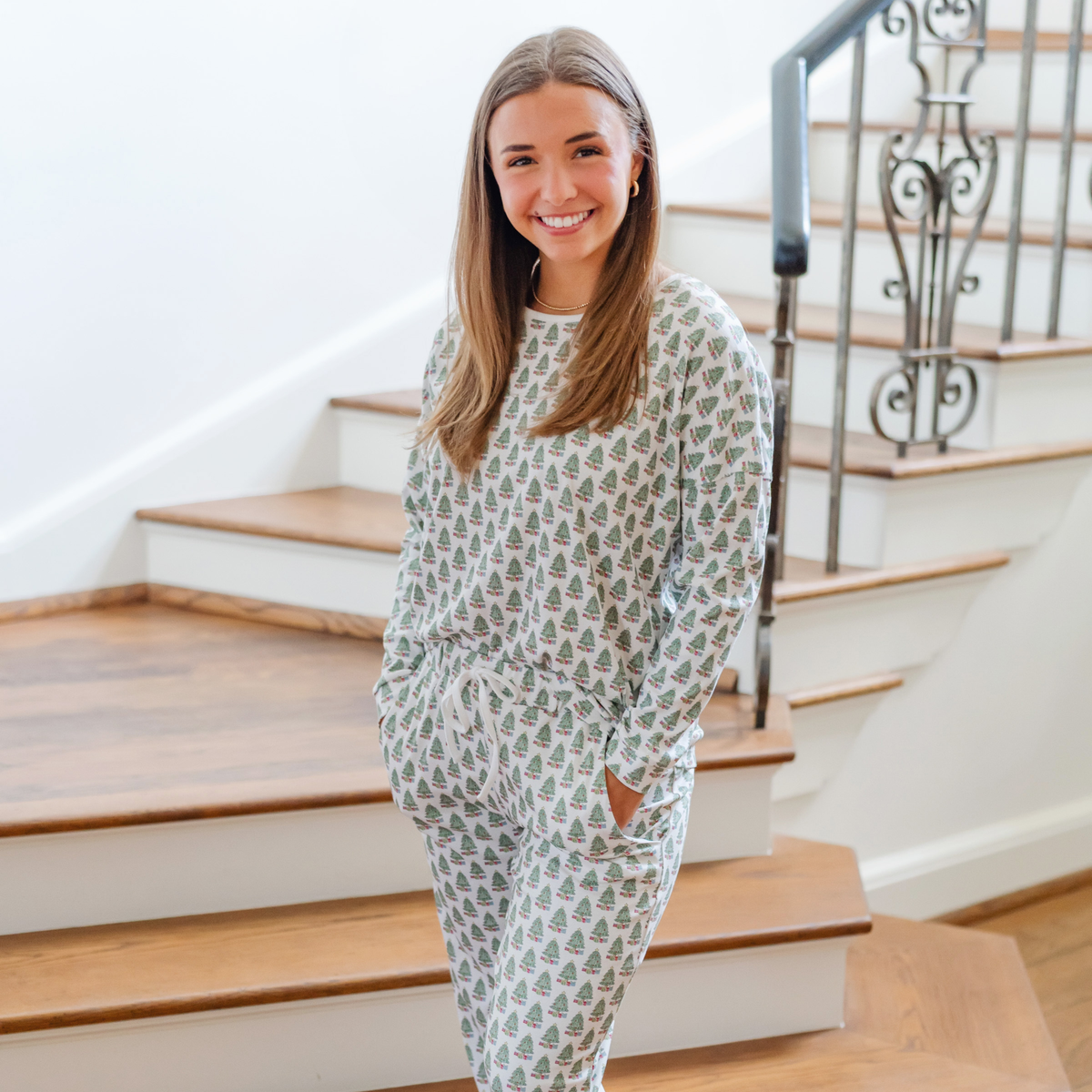 Audrey Women's Longsleeve Top Pant Set - Under The Christmas Tree