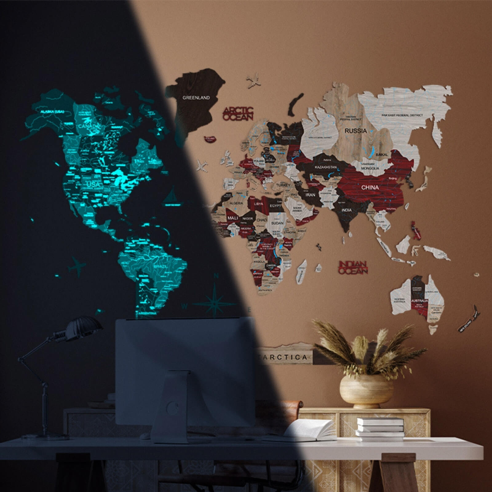 3d Luminous Colored Wooden World Map Urban