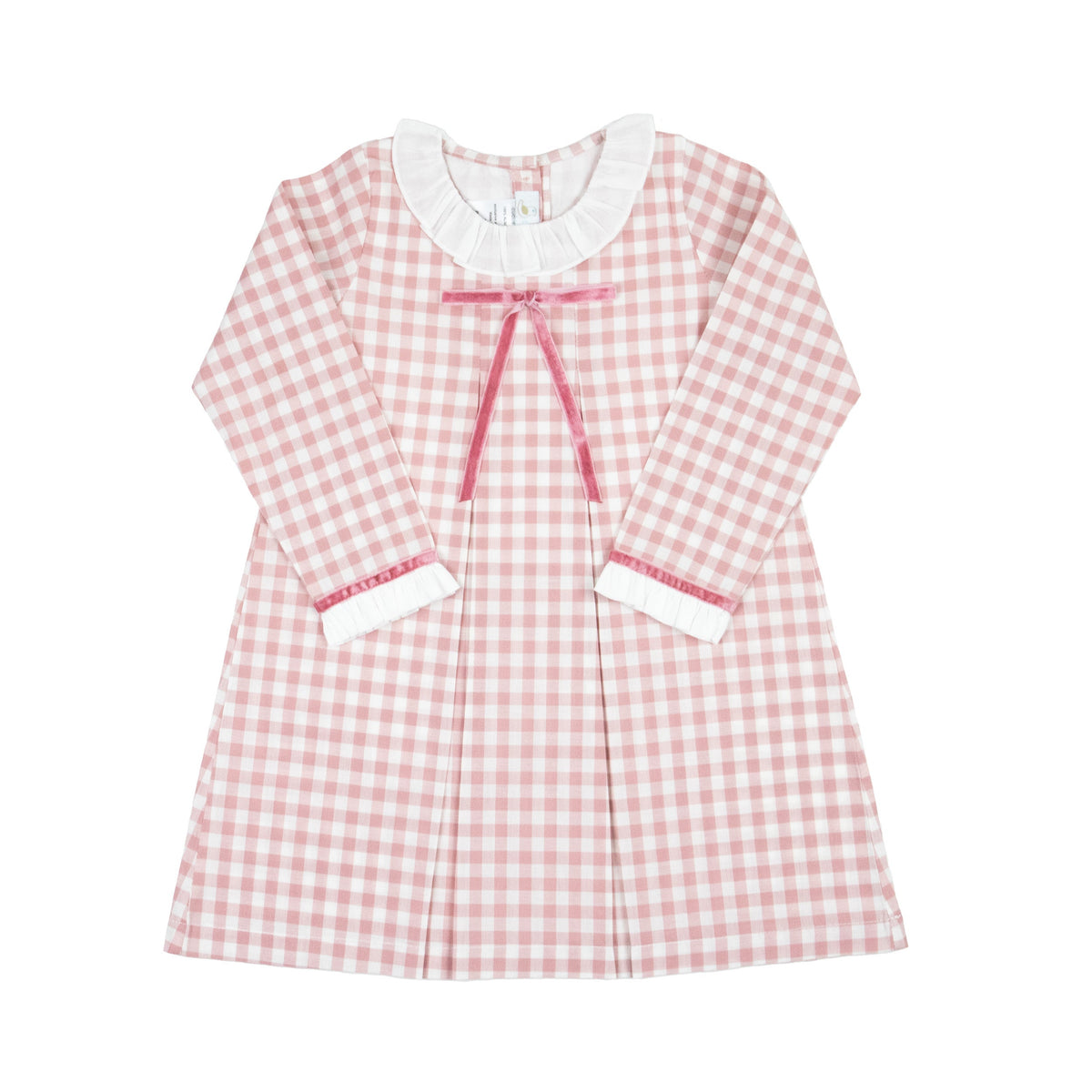Girls Pink Gingham Dress With Velvet Bow