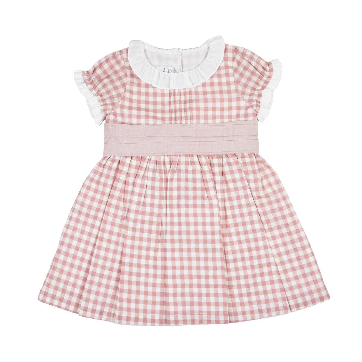 Pink Gingham Dress — Pleated Sash Waist