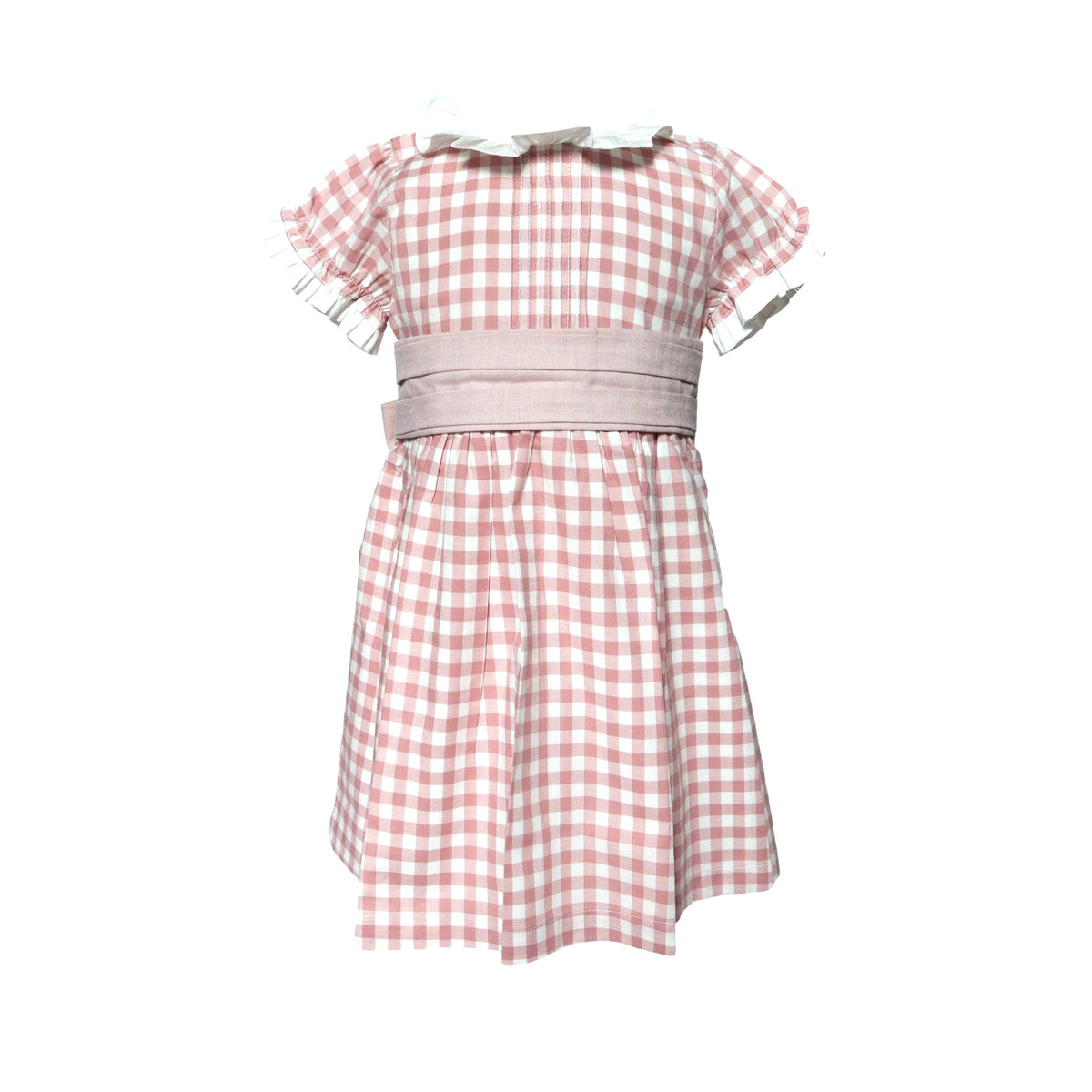 Pink Gingham Dress — Pleated Sash Waist