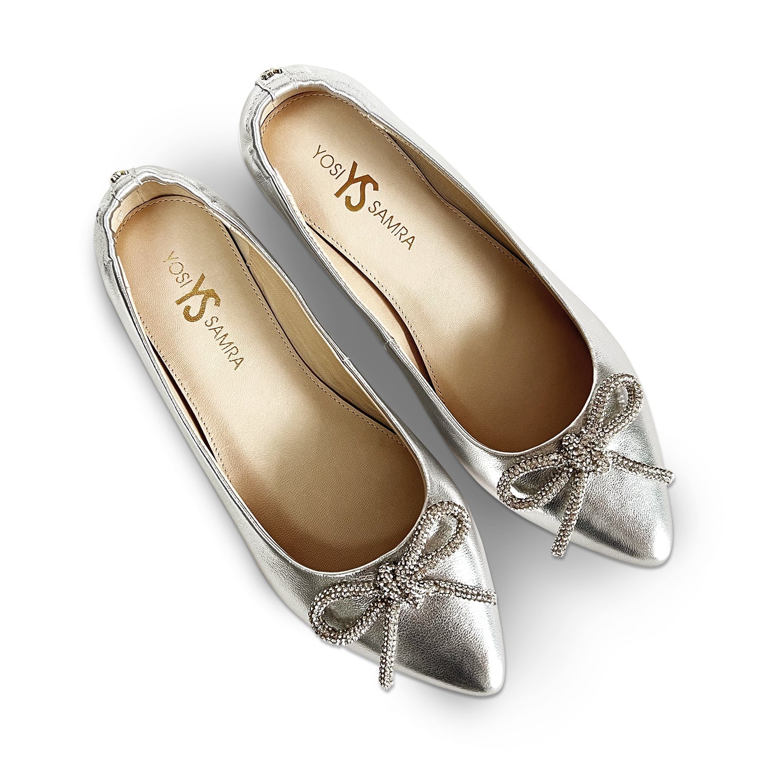 Vivienne Crystal Bow Flats In Silver Leather