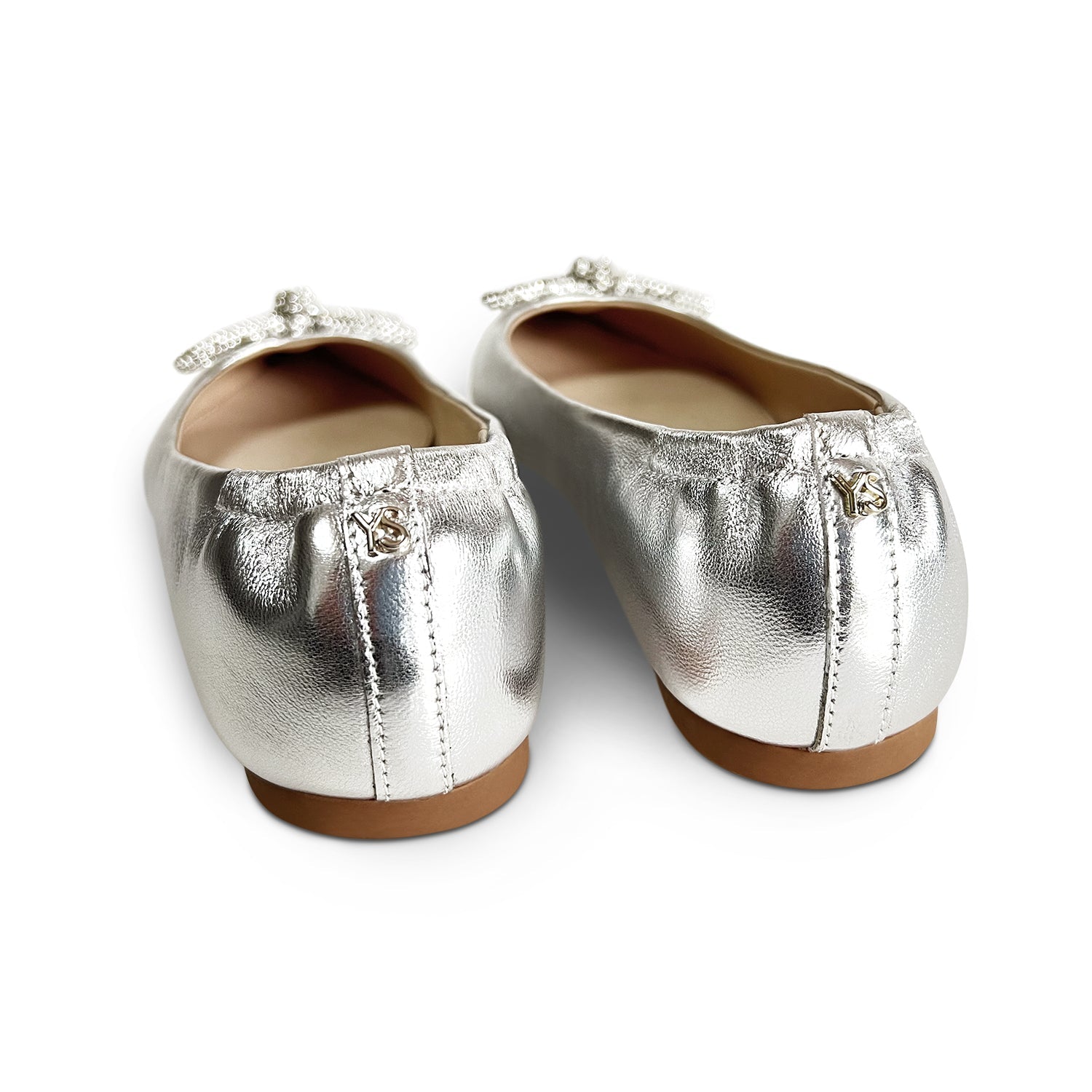 Vivienne Crystal Bow Flats In Silver Leather