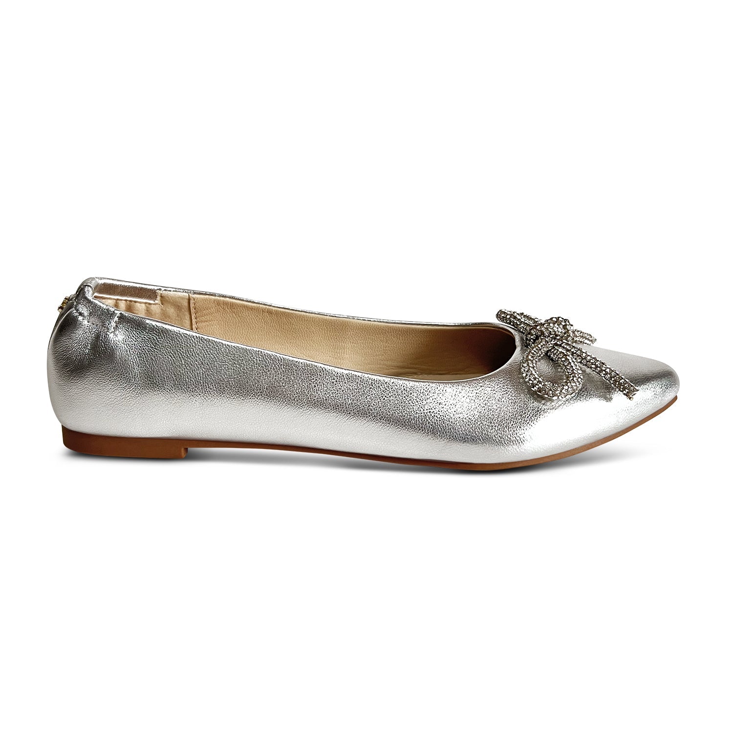 Vivienne Crystal Bow Flats In Silver Leather