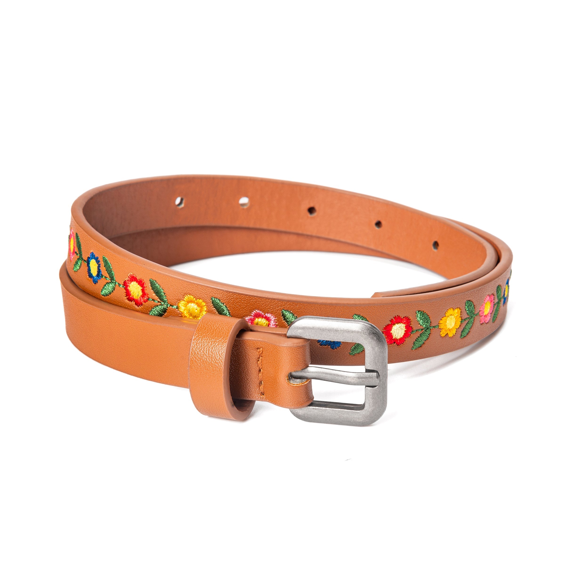 Kids Boho Leather Belt With Floral Embroidery Pattern For Girls 4-14 Years