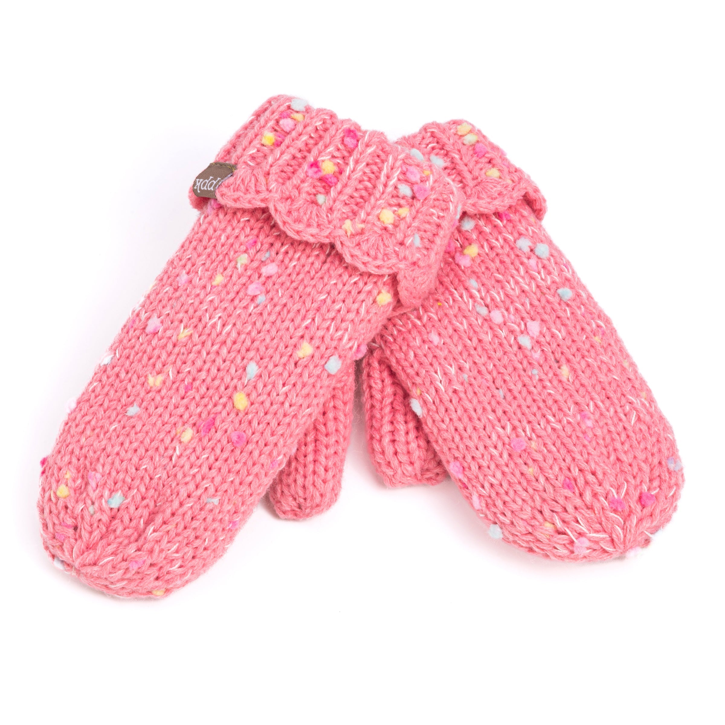 Girls Fun Speckled Knit Mittens With Scalloped Lace Cuff, For Kids All Ages 1-12 Years, Fleece-lined