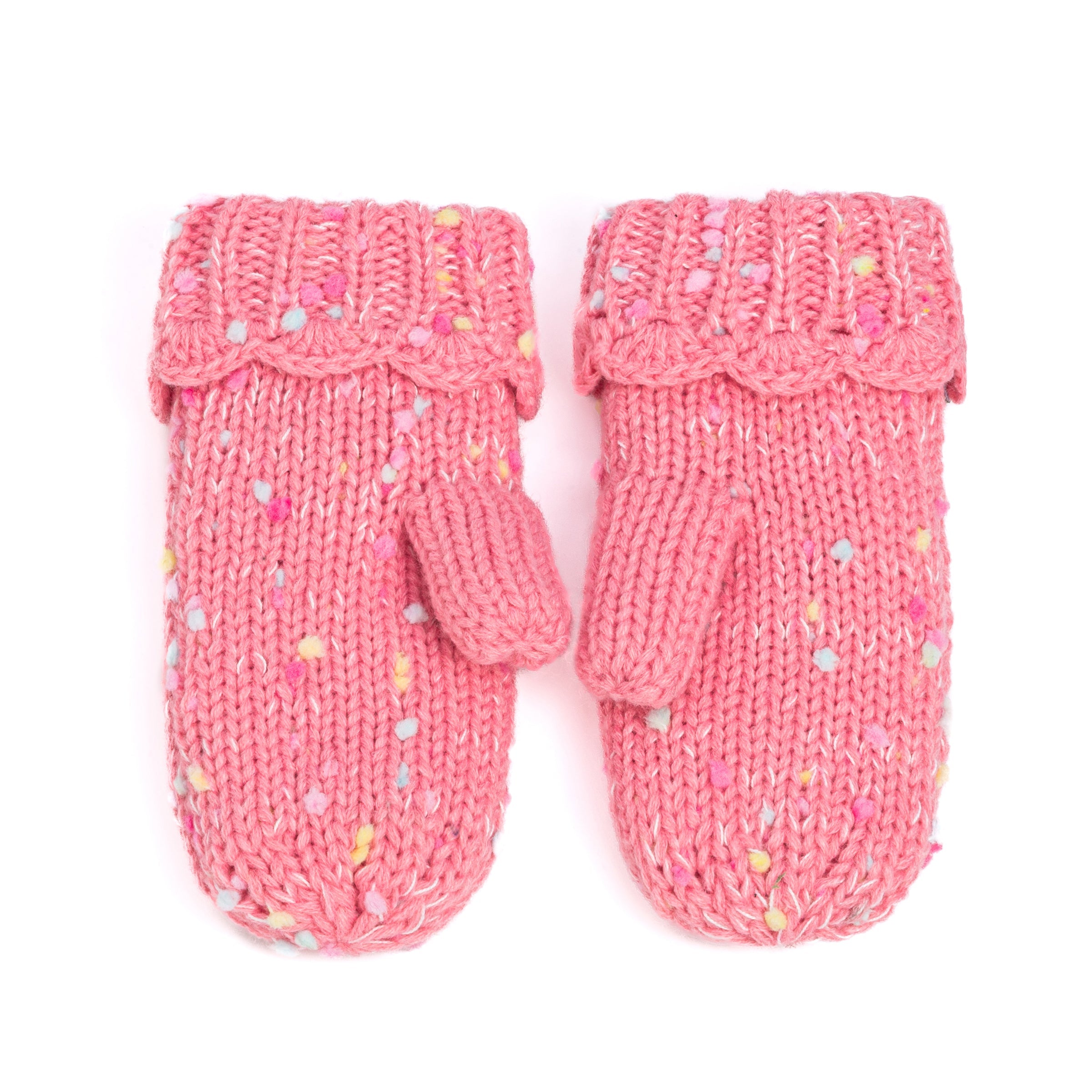 Girls Fun Speckled Knit Mittens With Scalloped Lace Cuff, For Kids All Ages 1-12 Years, Fleece-lined