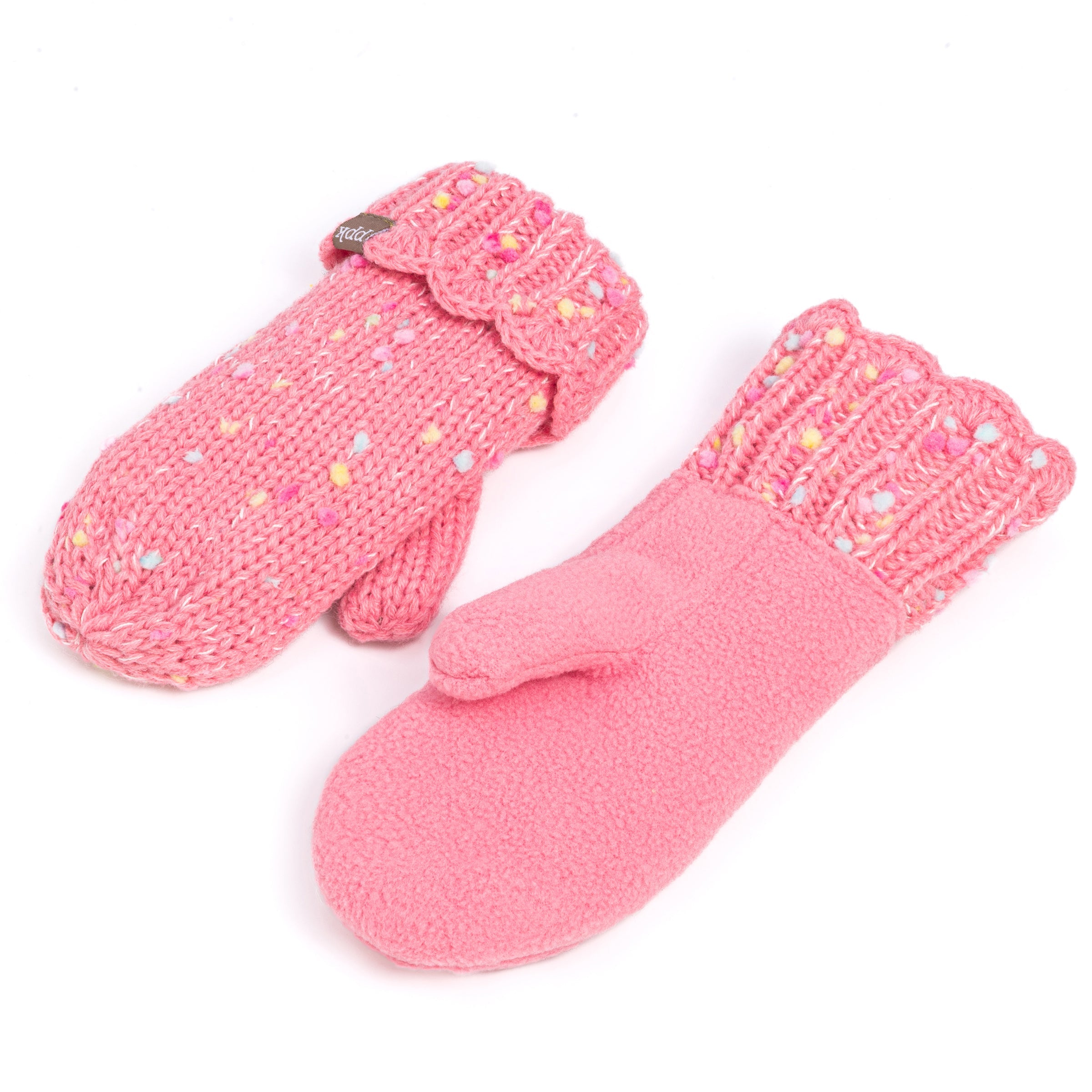 Girls Fun Speckled Knit Mittens With Scalloped Lace Cuff, For Kids All Ages 1-12 Years, Fleece-lined