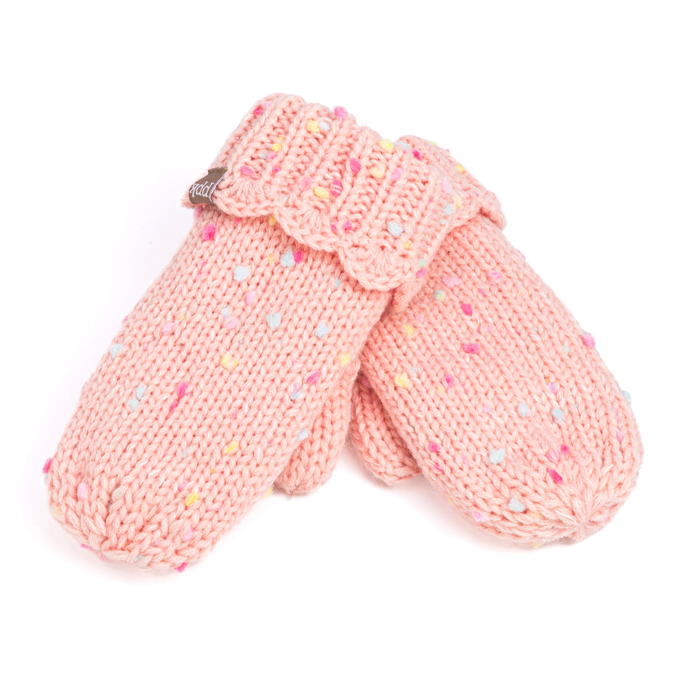Girls Fun Speckled Knit Mittens With Scalloped Lace Cuff, For Kids All Ages 1-12 Years, Fleece-lined