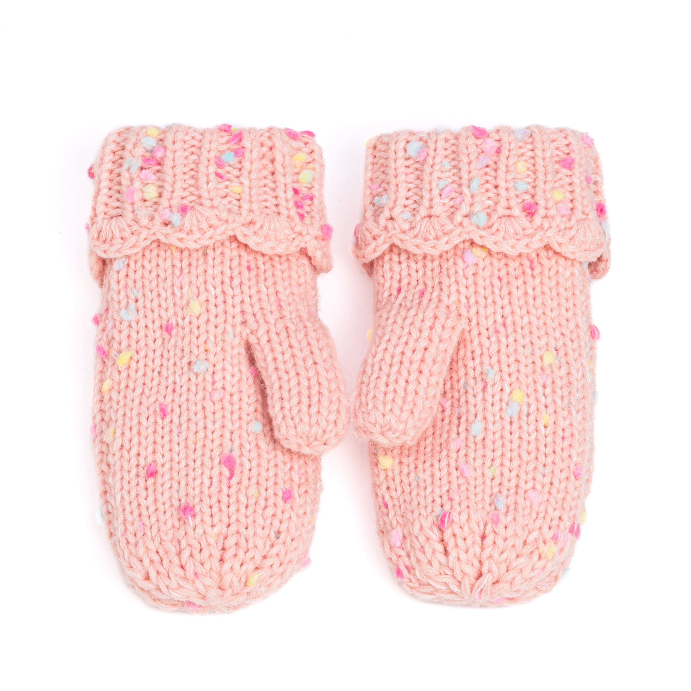 Girls Fun Speckled Knit Mittens With Scalloped Lace Cuff, For Kids All Ages 1-12 Years, Fleece-lined