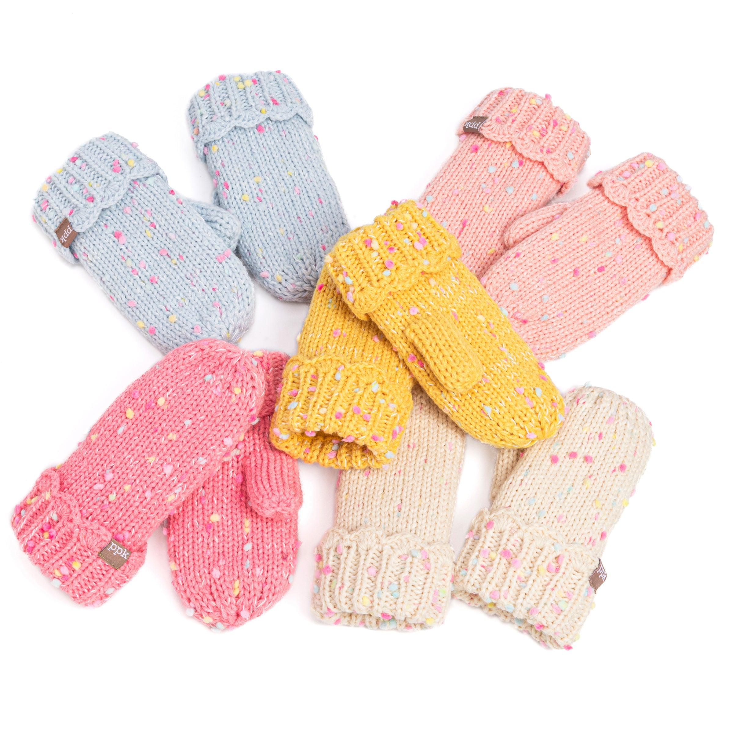 Girls Fun Speckled Knit Mittens With Scalloped Lace Cuff, For Kids All Ages 1-12 Years, Fleece-lined