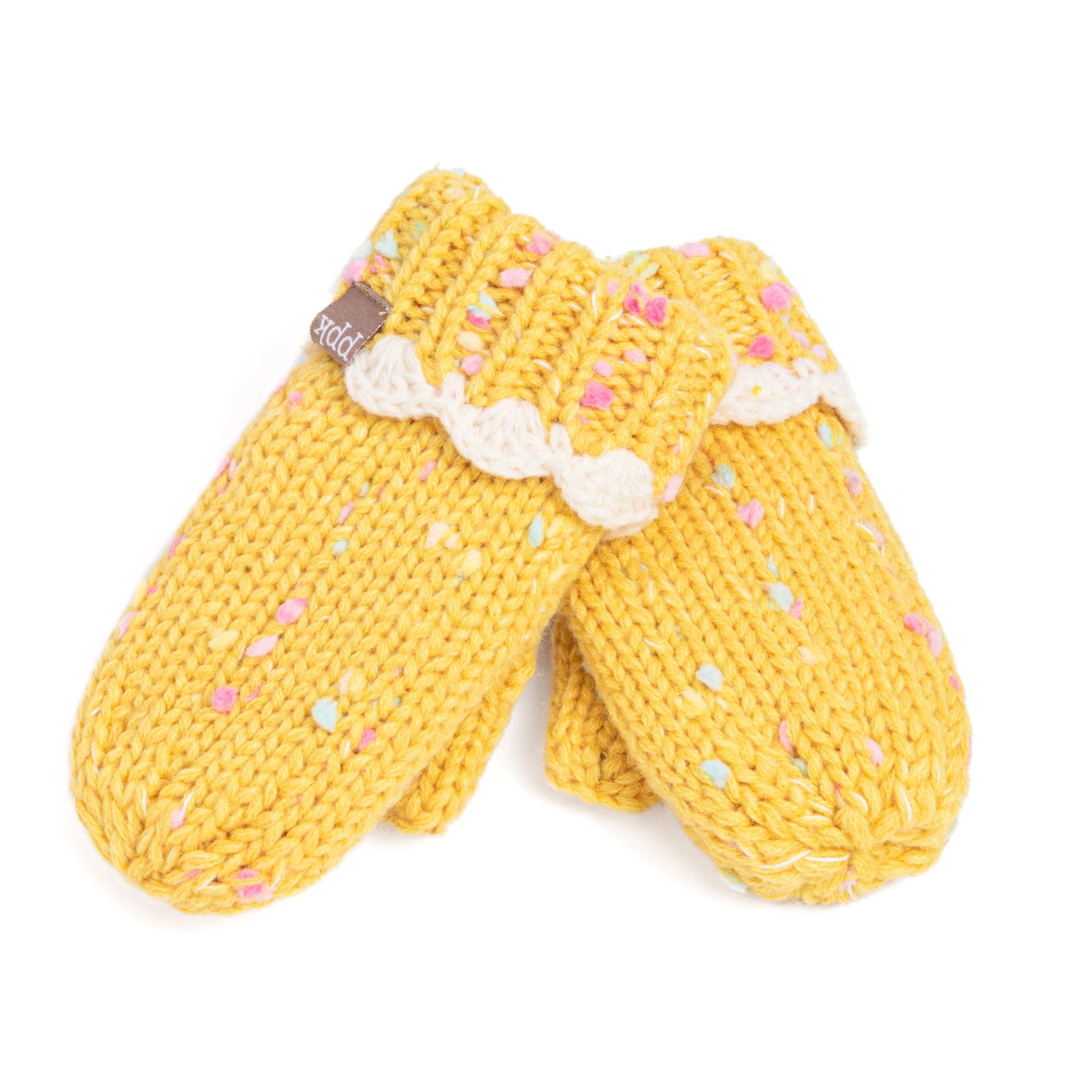 Girls Fun Speckled Knit Mittens With Scalloped Lace Cuff, For Kids All Ages 1-12 Years, Fleece-lined