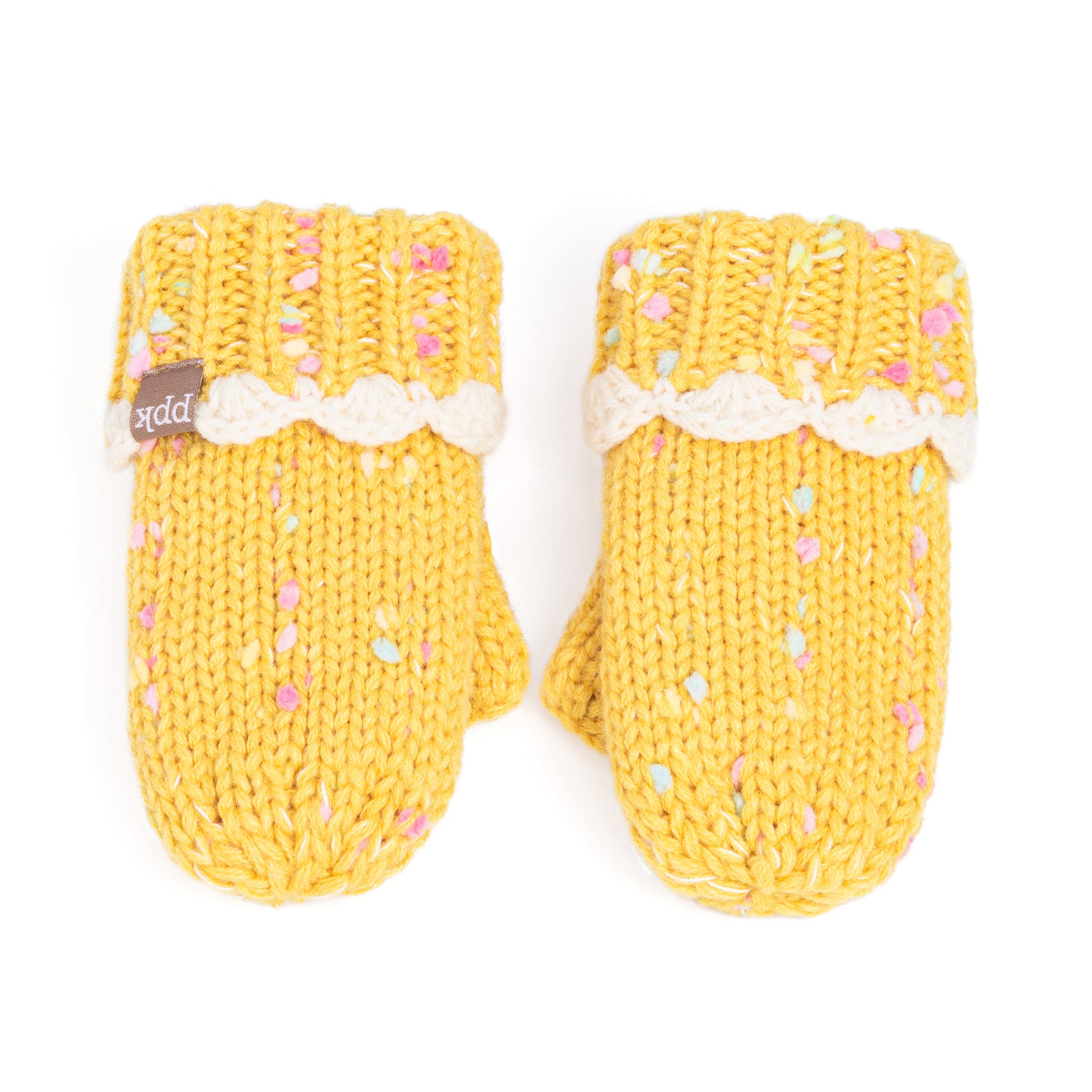 Girls Fun Speckled Knit Mittens With Scalloped Lace Cuff, For Kids All Ages 1-12 Years, Fleece-lined
