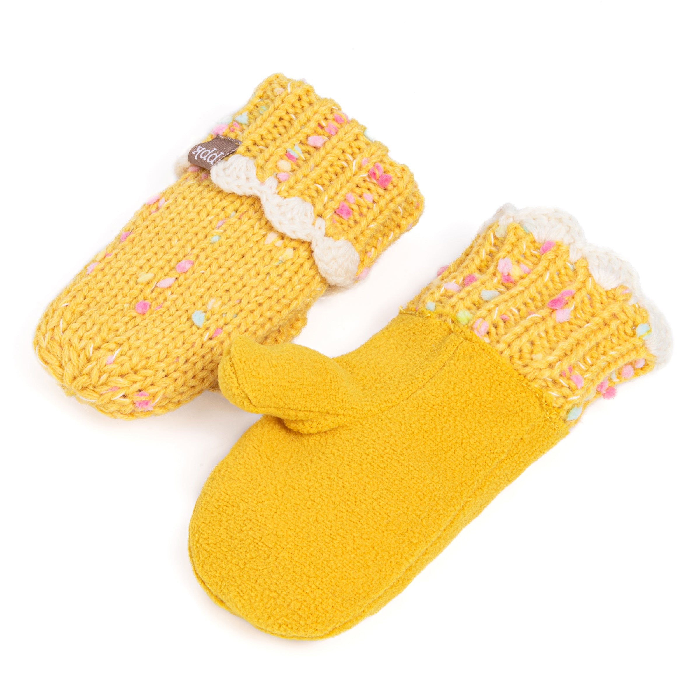 Girls Fun Speckled Knit Mittens With Scalloped Lace Cuff, For Kids All Ages 1-12 Years, Fleece-lined
