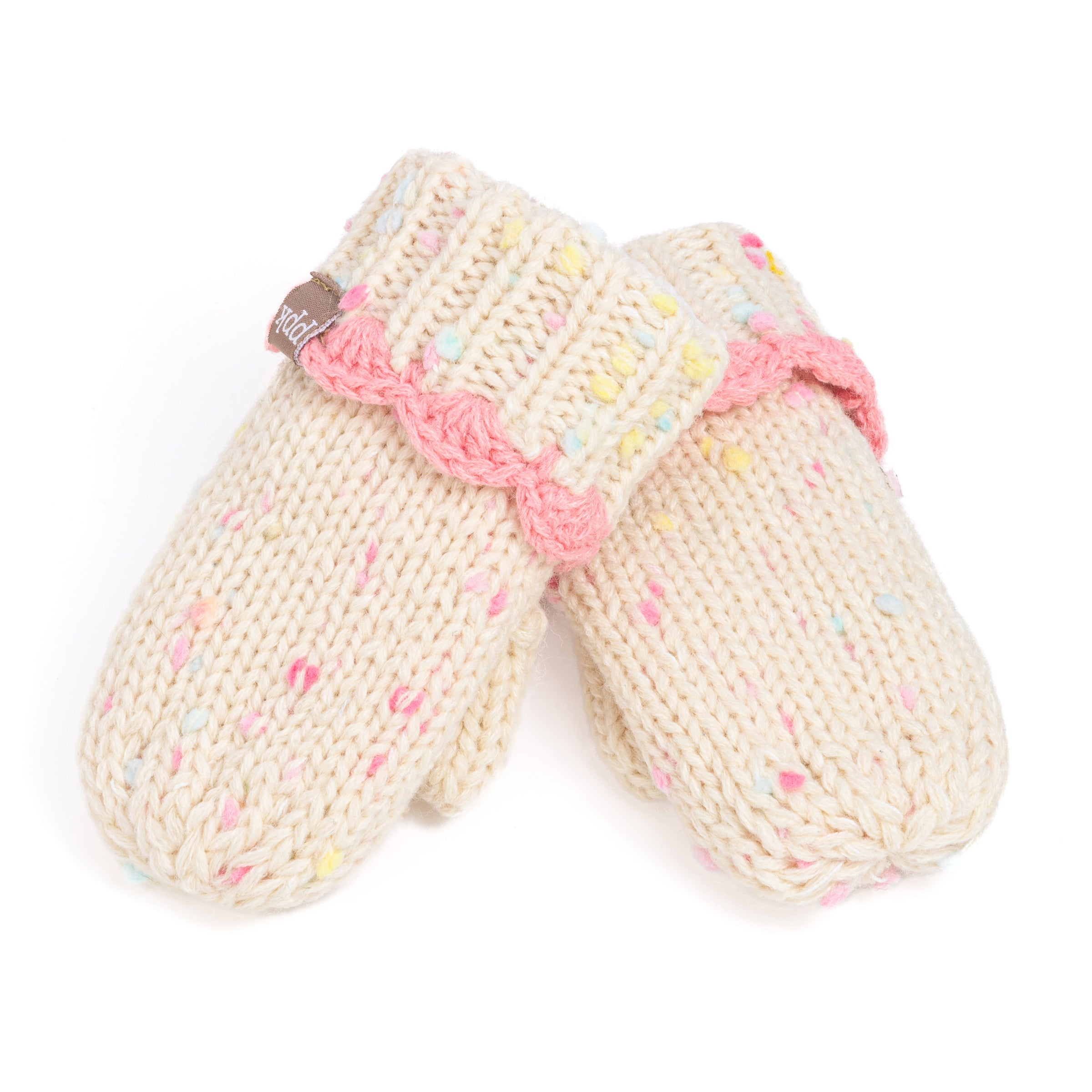 Girls Fun Speckled Knit Mittens With Scalloped Lace Cuff, For Kids All Ages 1-12 Years, Fleece-lined