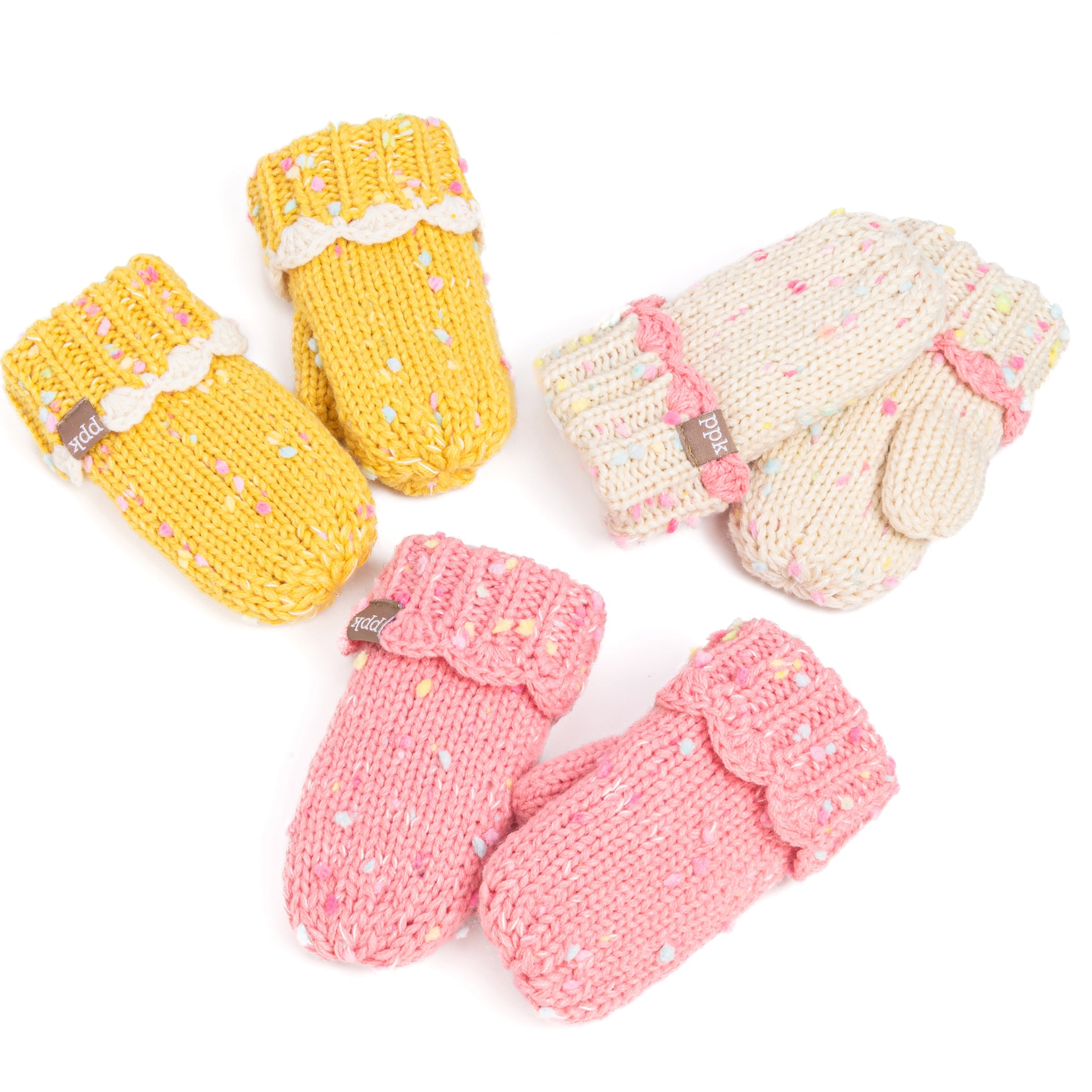 Girls Fun Speckled Knit Mittens With Scalloped Lace Cuff, For Kids All Ages 1-12 Years, Fleece-lined