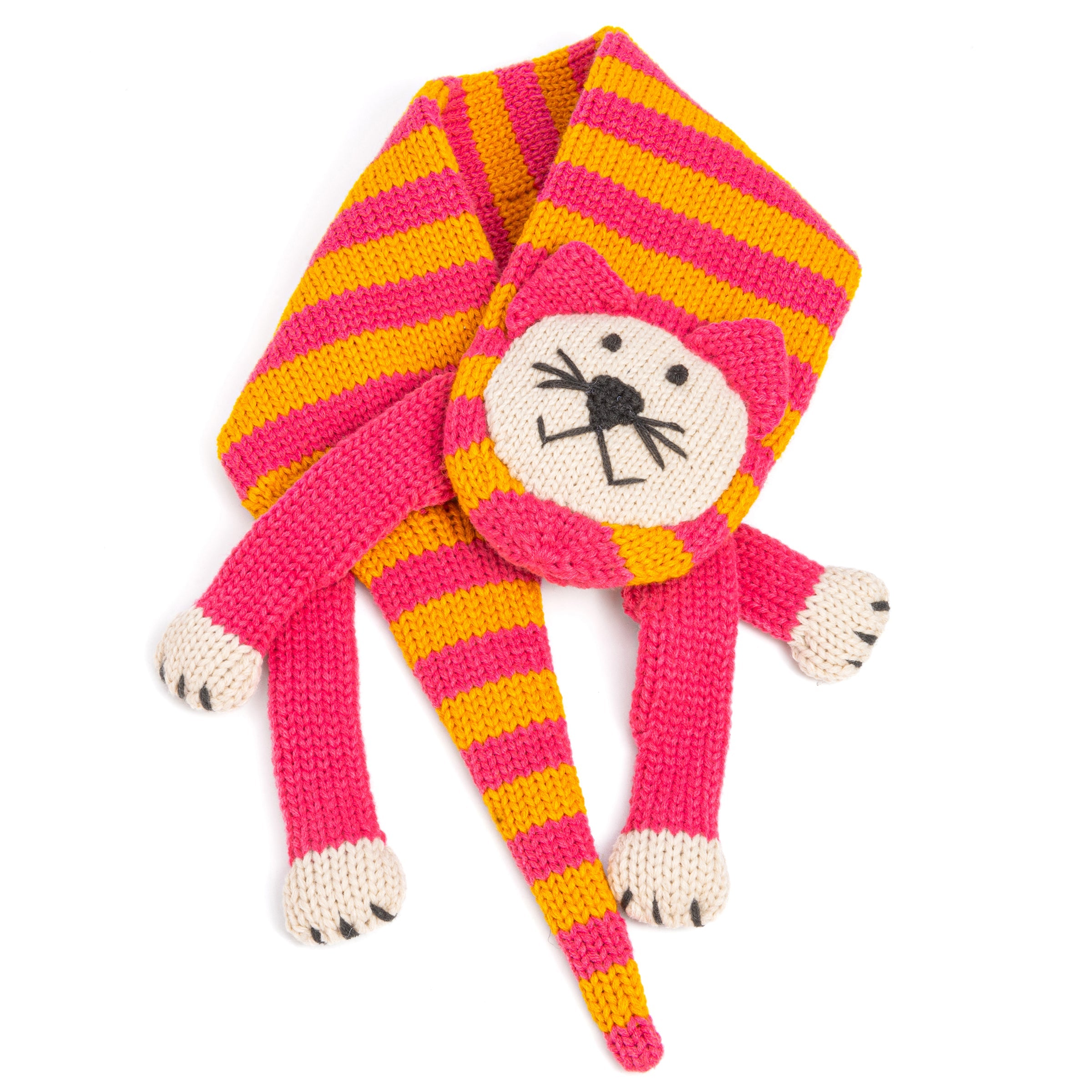 Kids Kitty Cat Double-layer Knitted Scarf - Fun Critter Design For Children All Ages - Pink / Mustard