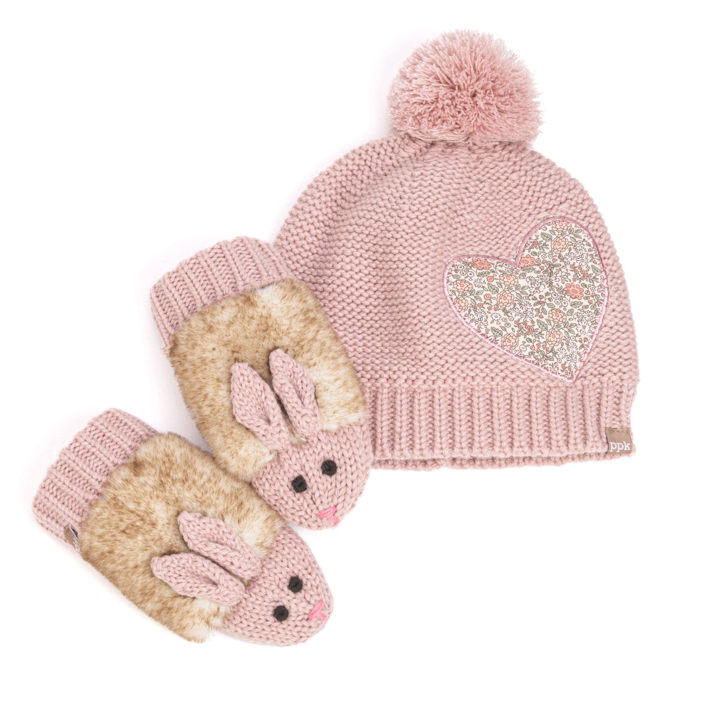 Girls Knit Heart Beanie Mittens 2pc Set With Cute Rabbit Mittens Soft Fleece-lined, Age 4-6