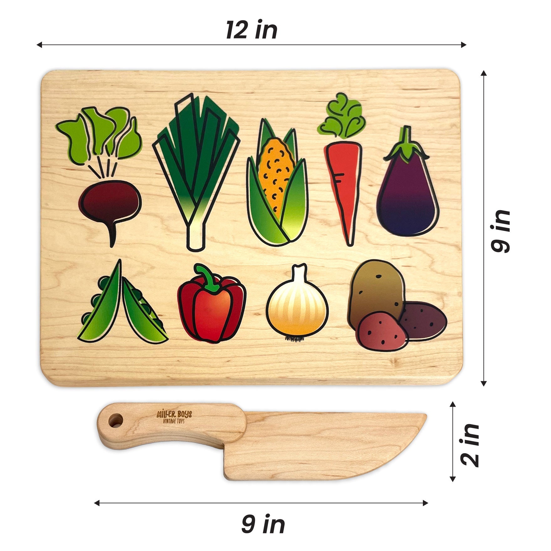 Kid's Chef-in-training Veggie Wooden Cutting Board With Handcrafted Wooden Knife | Made In The Usa (copy)