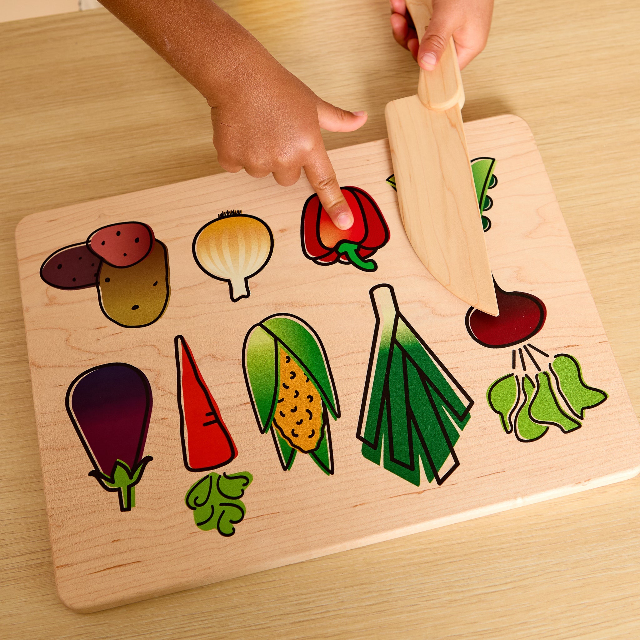 Kid's Chef-in-training Veggie Wooden Cutting Board With Handcrafted Wooden Knife | Made In The Usa (copy)