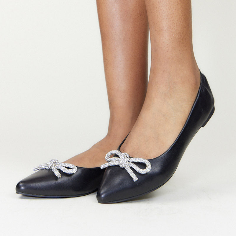 Vivienne Crystal Bow Flats In Black Nappa Leather