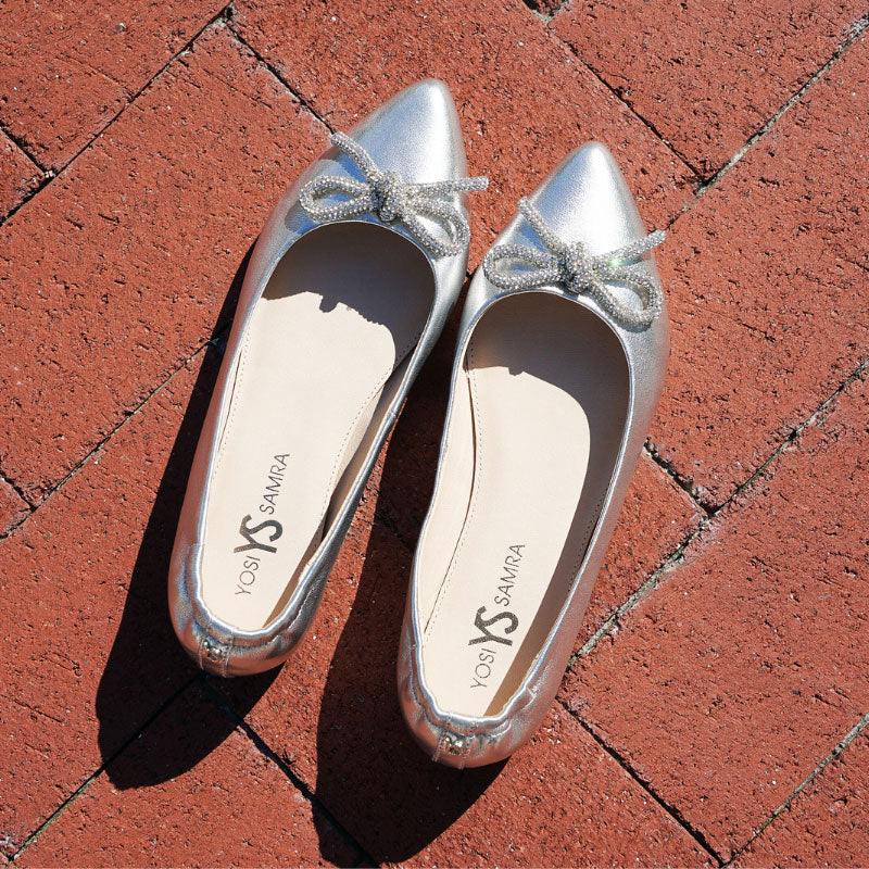 Vivienne Crystal Bow Flats In Silver Leather