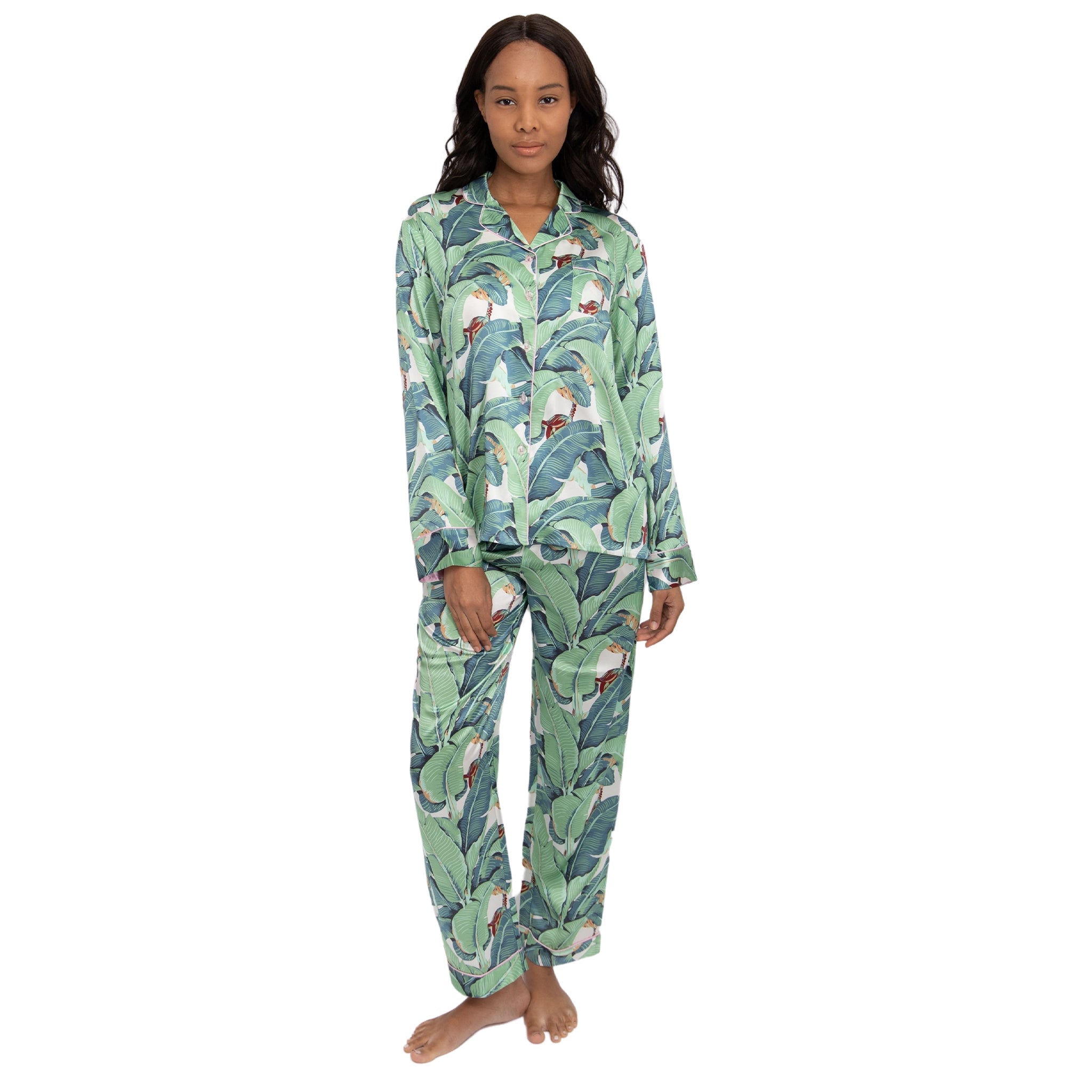 Women's Banana Leaf Green Shirt + Pj Pant Set - Silk