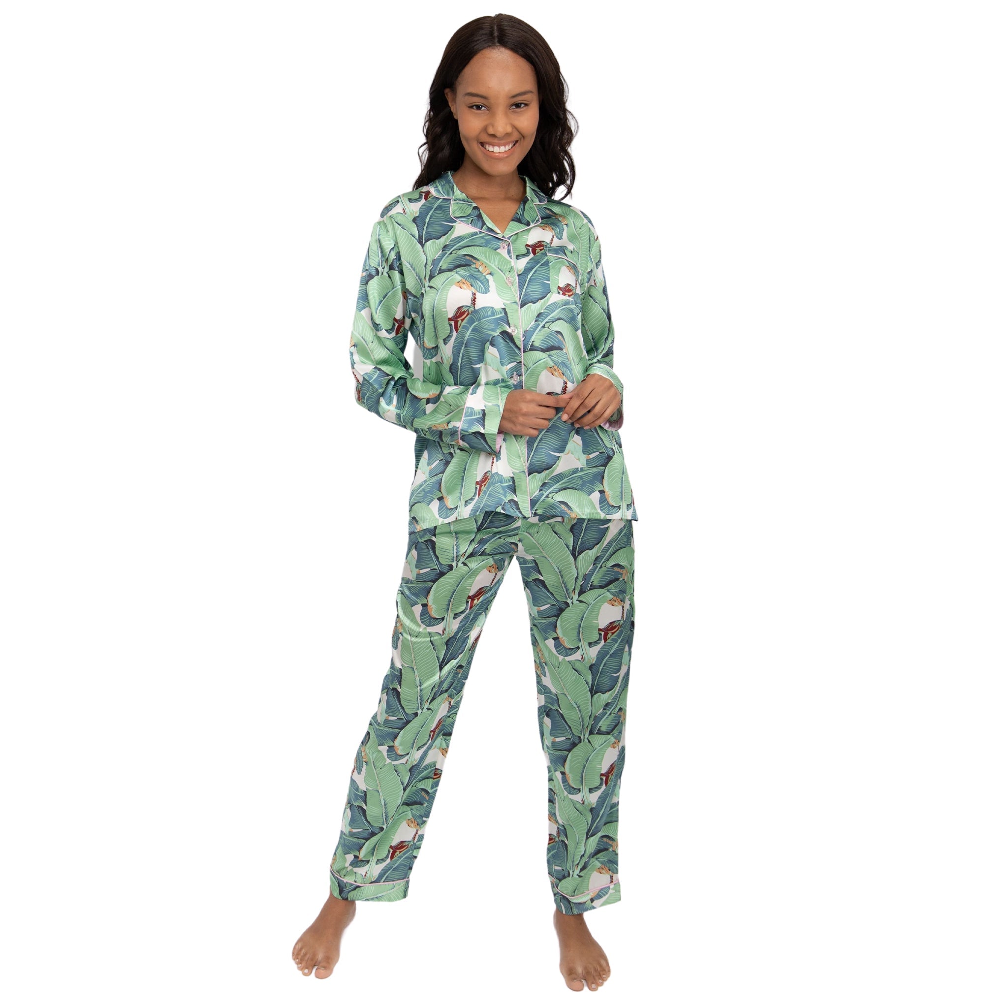 Women's Banana Leaf Green Shirt + Pj Pant Set - Silk