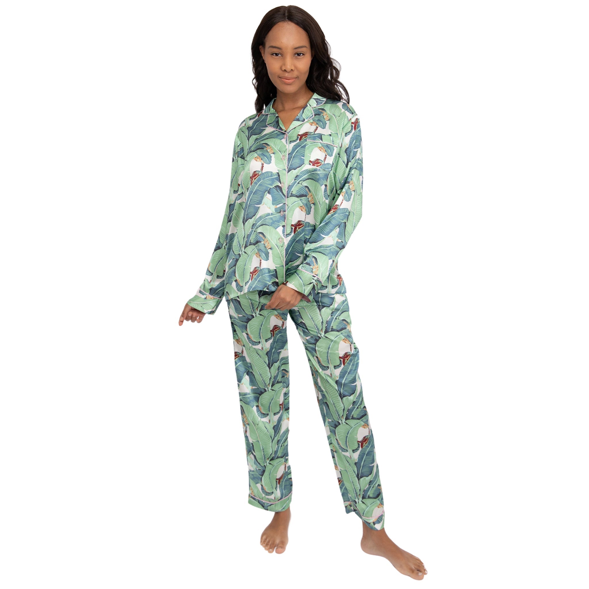 Women's Banana Leaf Green Shirt + Pj Pant Set - Silk