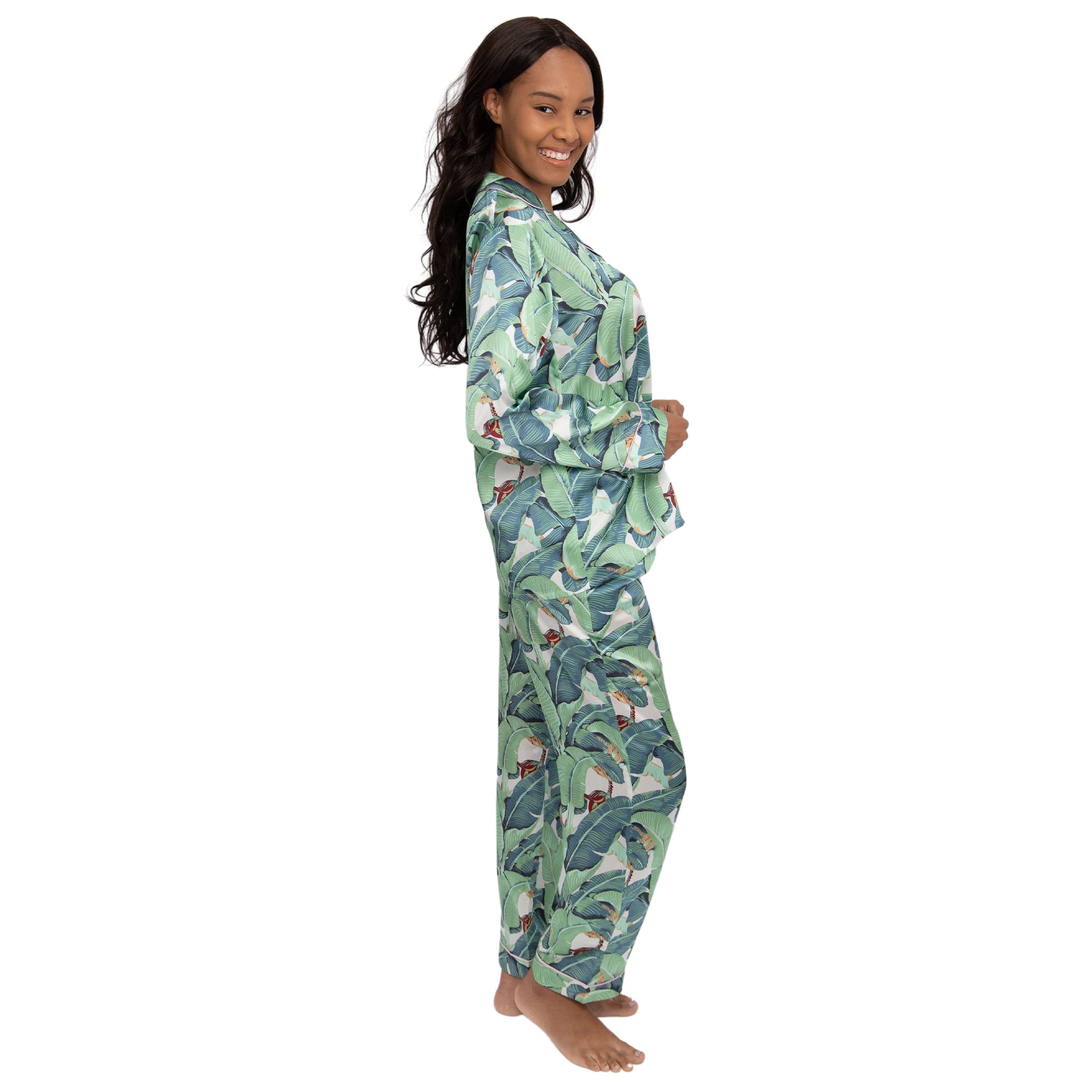 Women's Banana Leaf Green Shirt + Pj Pant Set - Silk