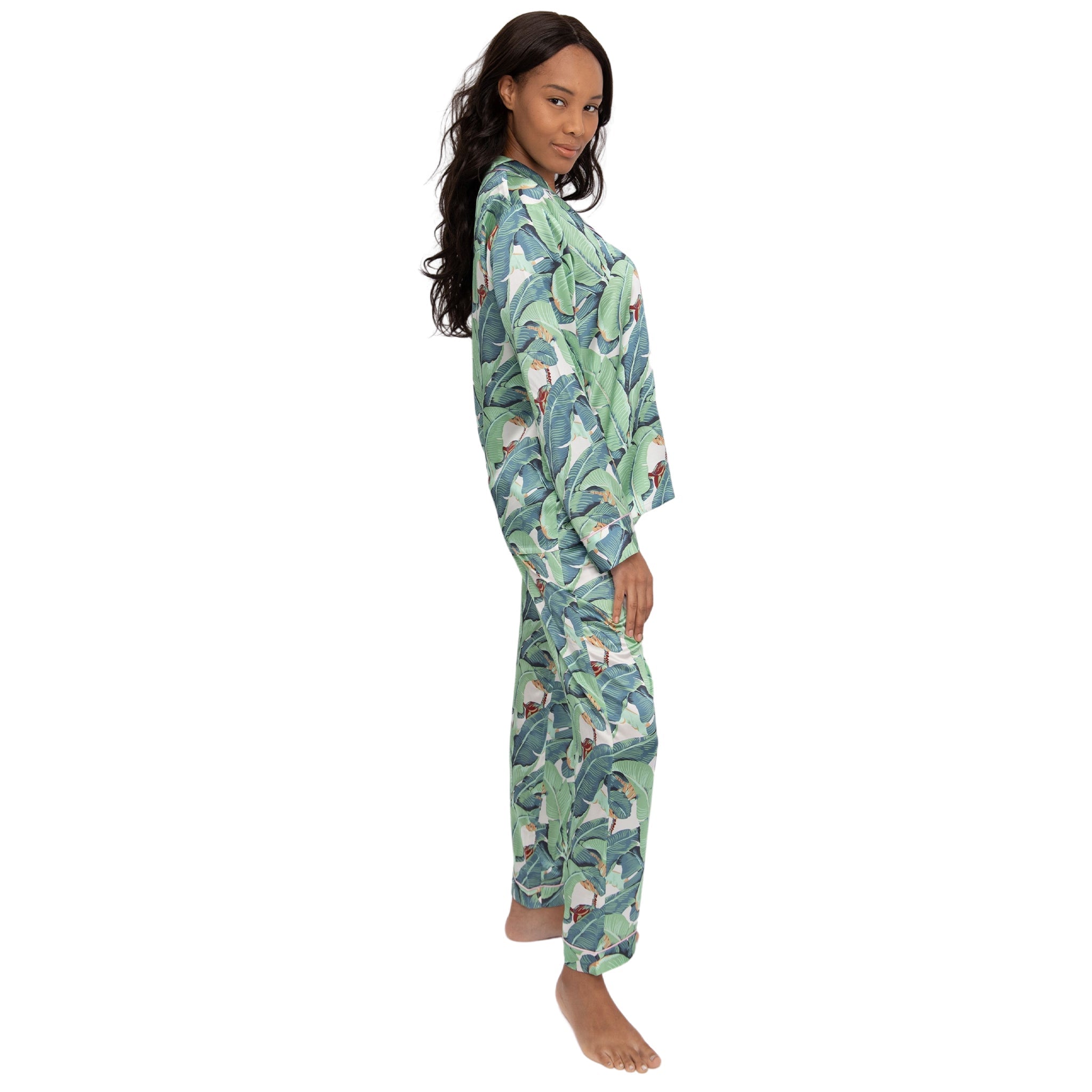 Women's Banana Leaf Green Shirt + Pj Pant Set - Silk