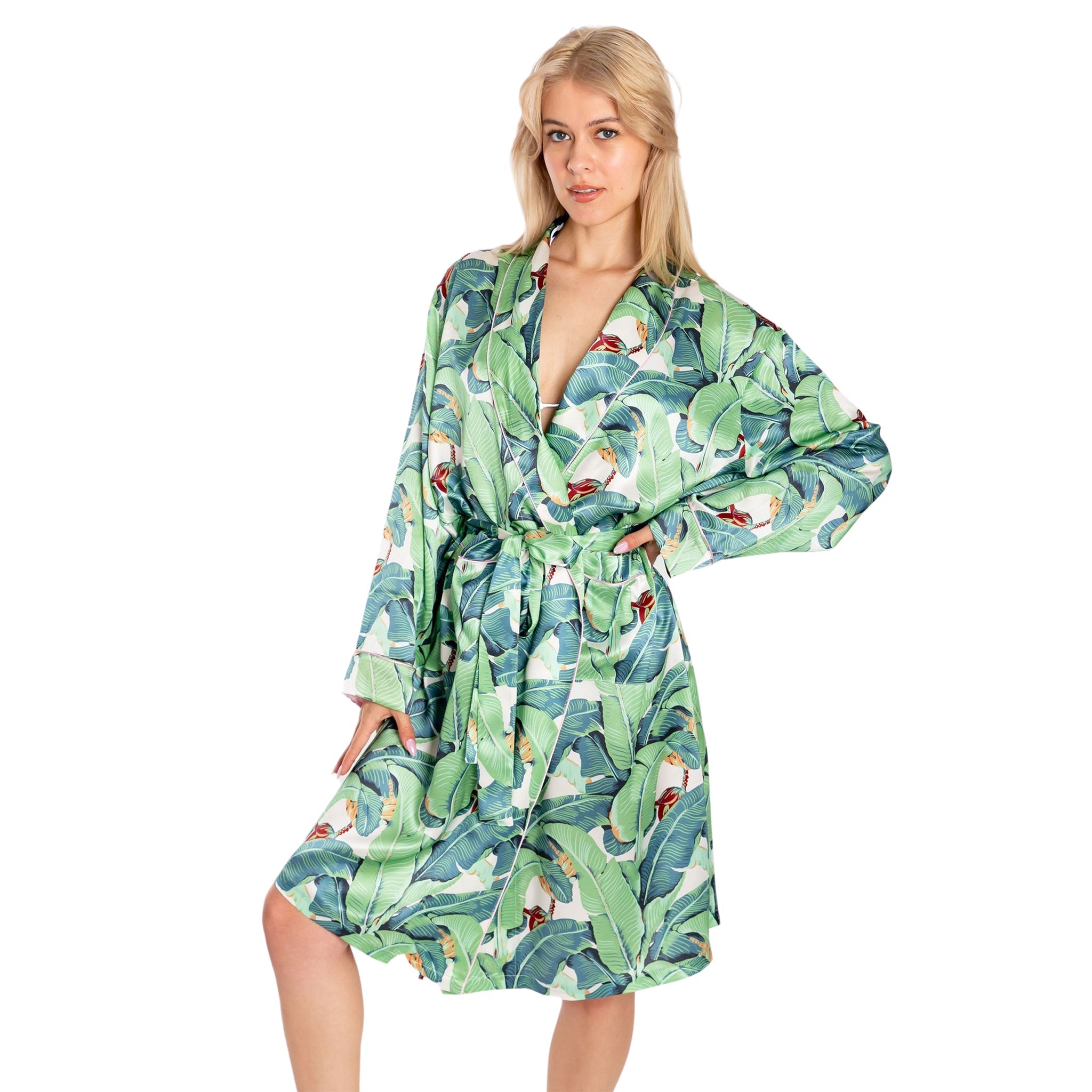 Women's Banana Leaf Green Robe - Silk