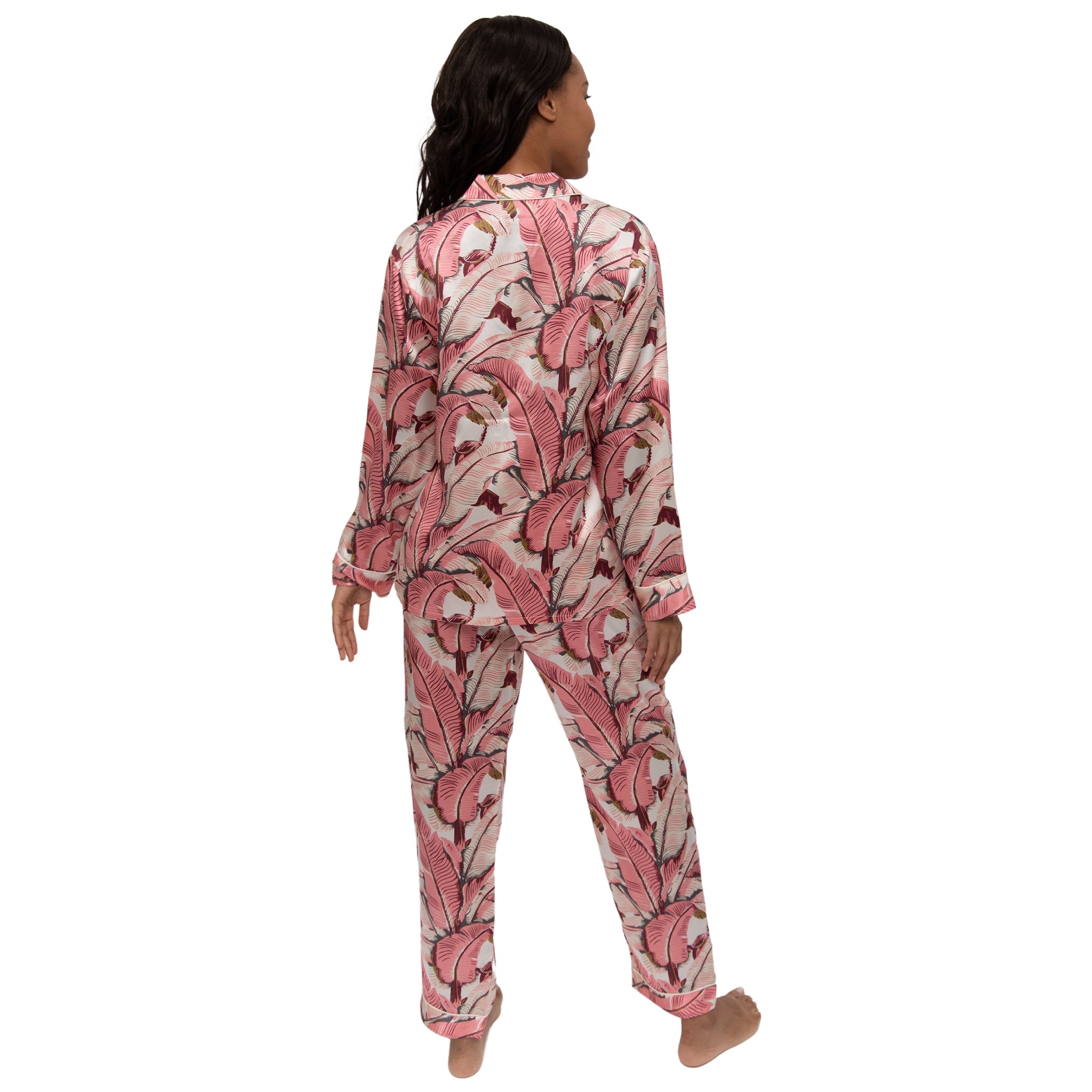 Women's Banana Leaf Pink Shirt + Pj Pant Set - Silk