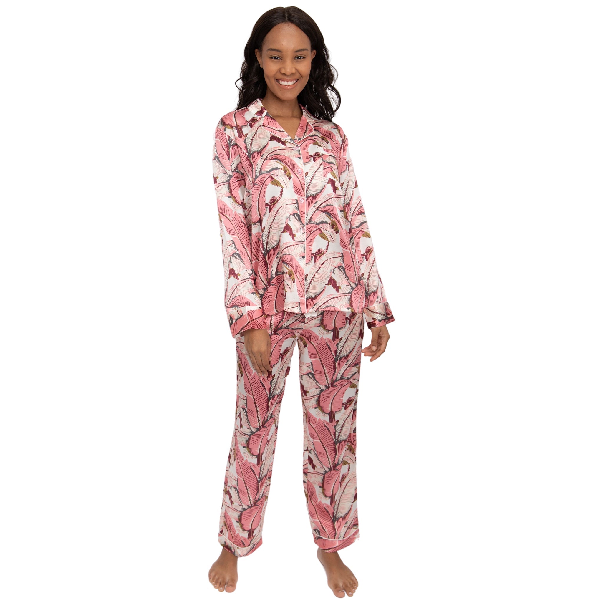 Women's Banana Leaf Pink Shirt + Pj Pant Set - Silk