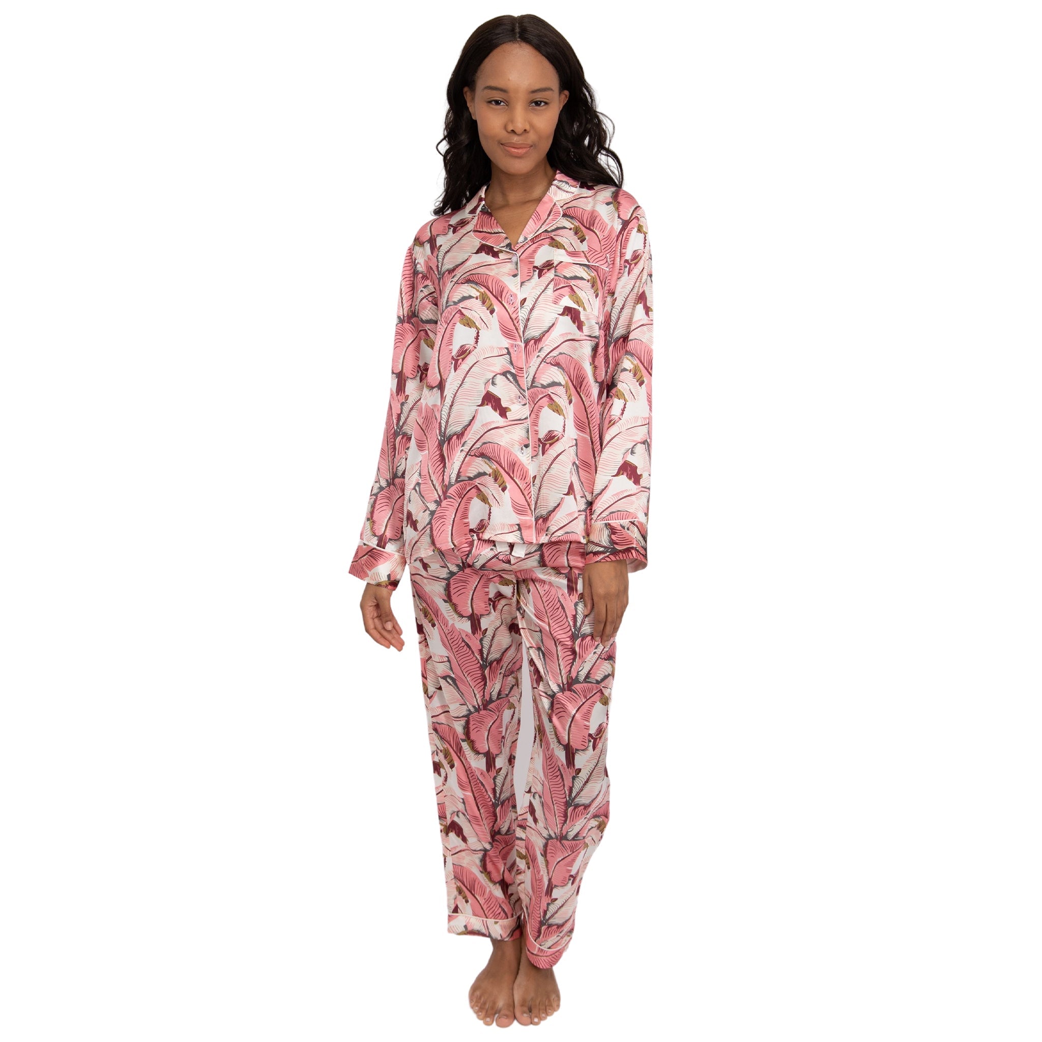 Women's Banana Leaf Pink Shirt + Pj Pant Set - Silk