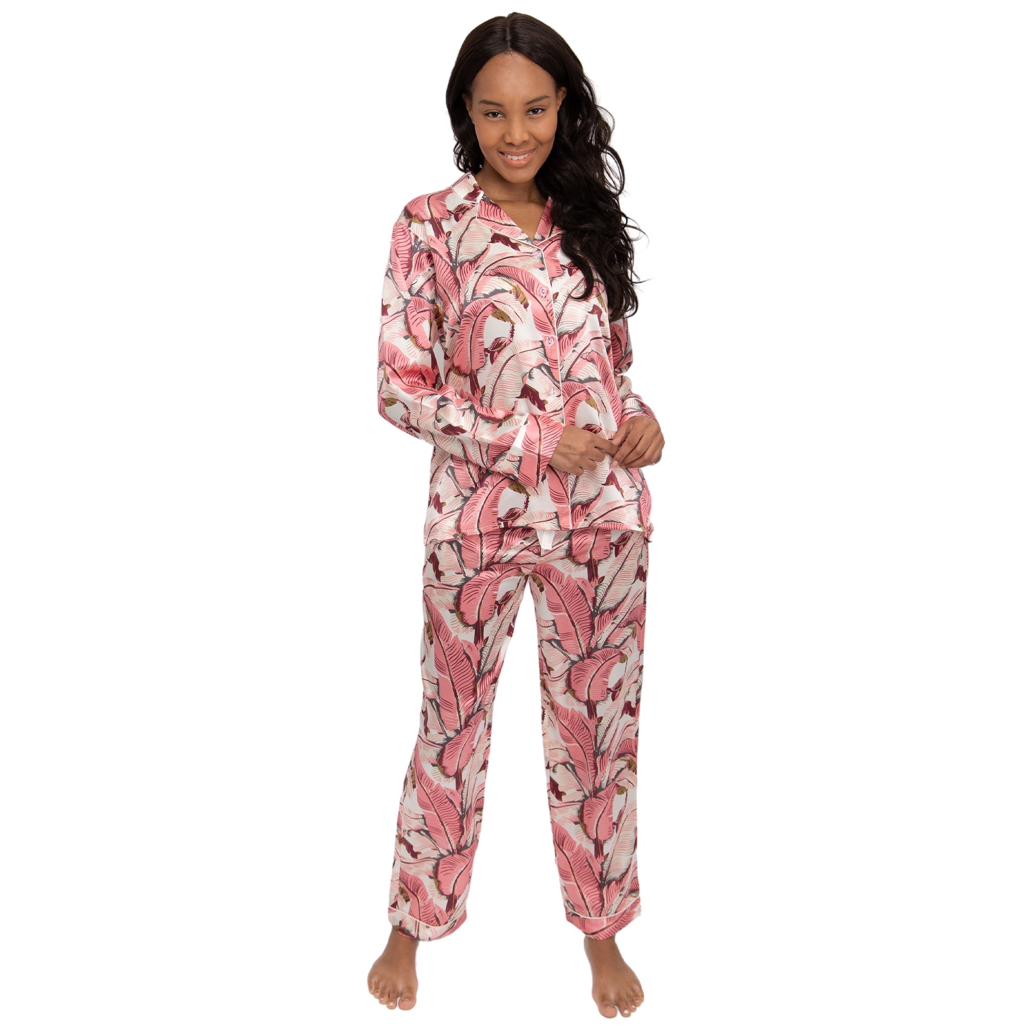 Women's Banana Leaf Pink Shirt + Pj Pant Set - Silk