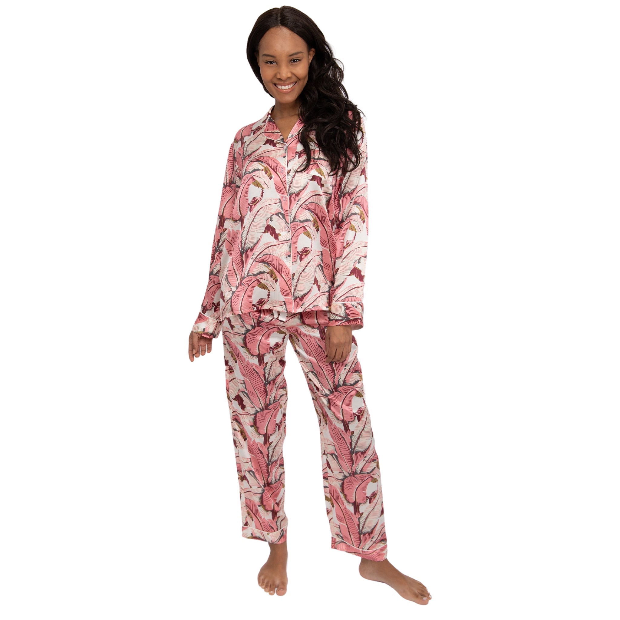 Women's Banana Leaf Pink Shirt + Pj Pant Set - Silk